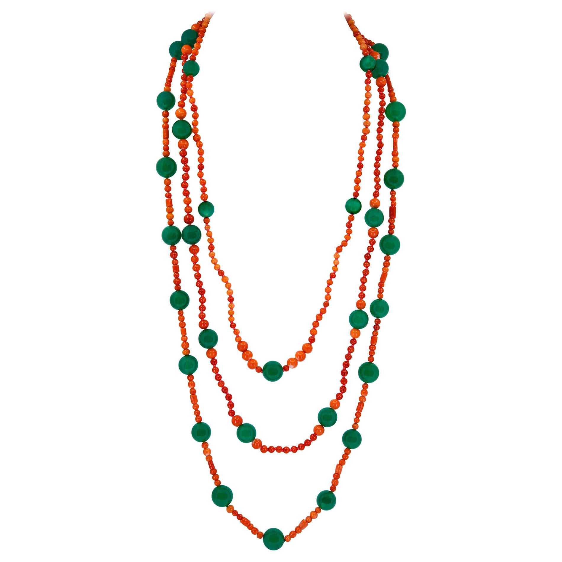 Three Strand Red Coral and Green Onyx Necklace For Sale