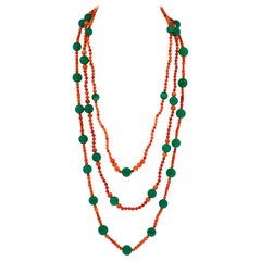Three Strand Red Coral and Green Onyx Necklace