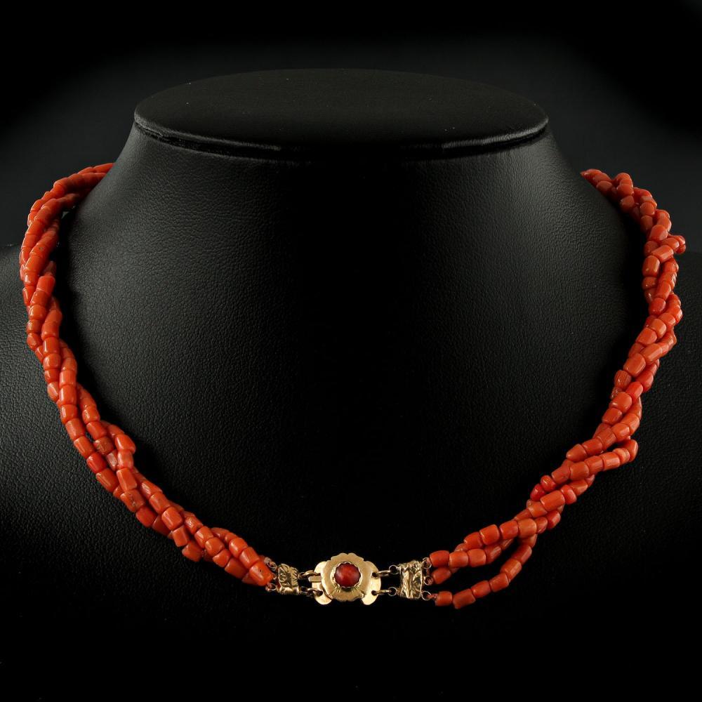 Bead  Antique Red Coral Necklace With Gold Clasp  For Sale