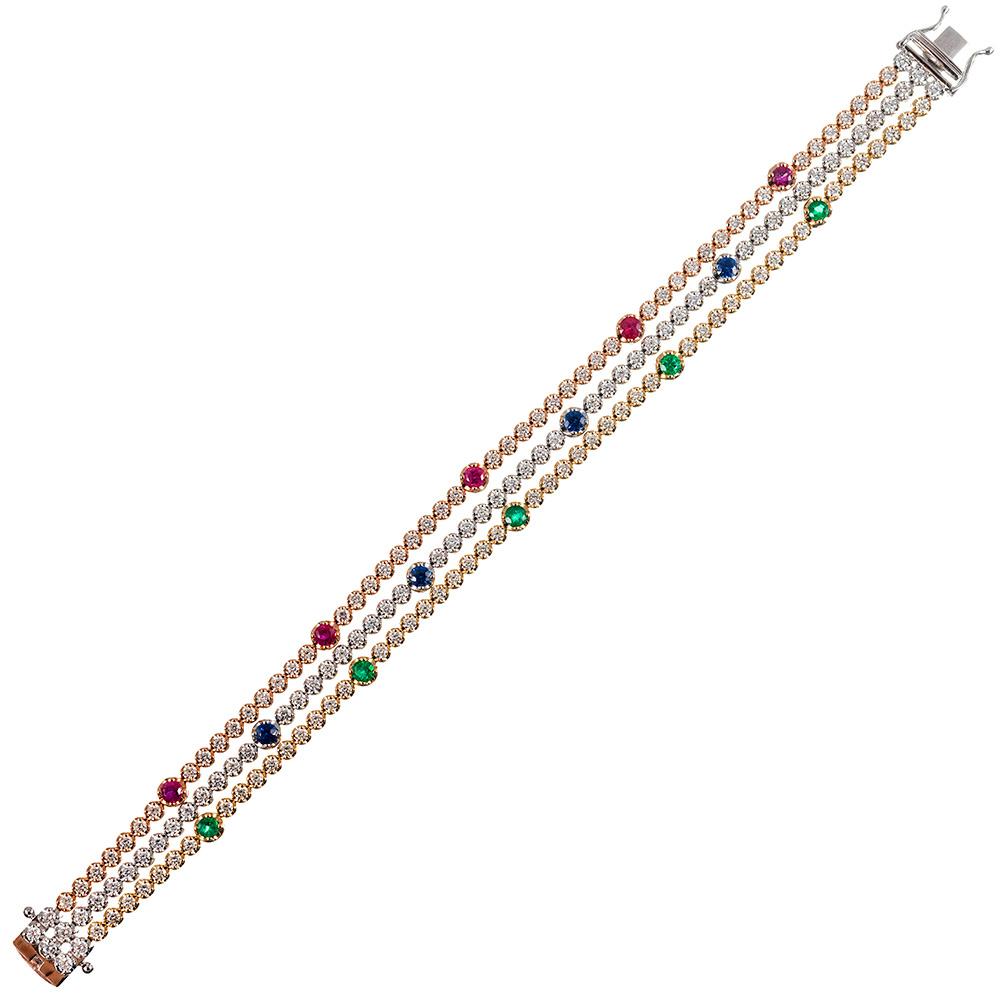 Three-Strand Ruby, Emerald, Sapphire and Diamond Bracelet, Signed Simon G In New Condition In Carmel-by-the-Sea, CA