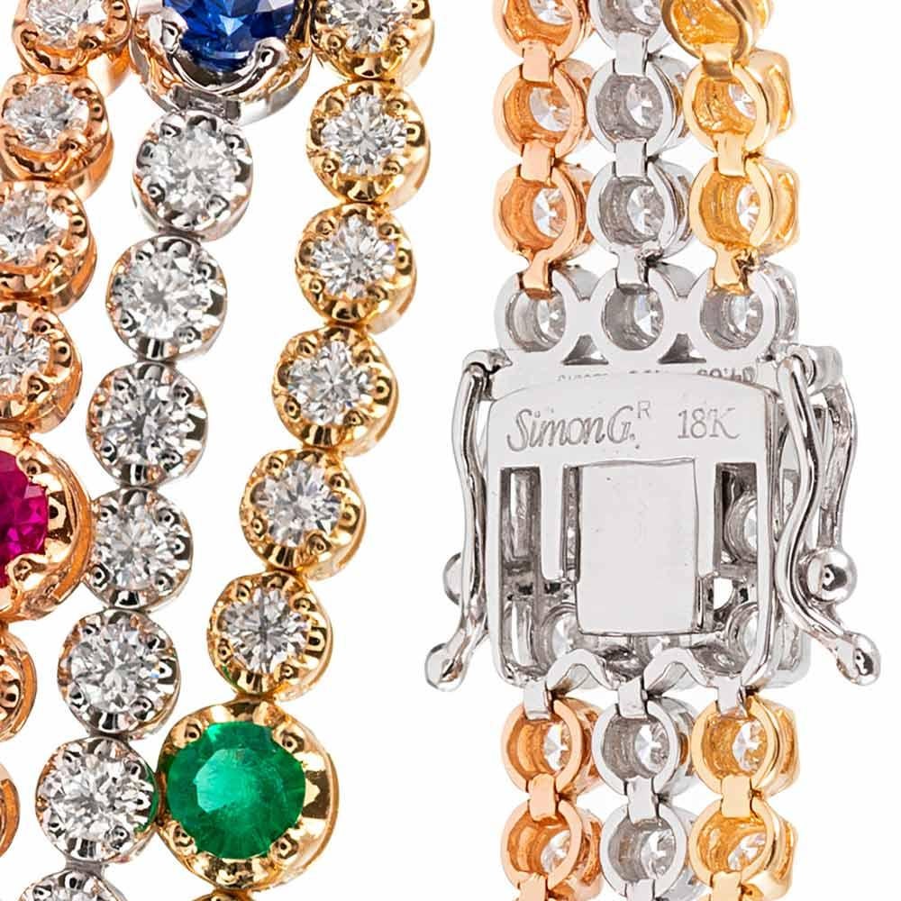 Women's Three-Strand Ruby, Emerald, Sapphire and Diamond Bracelet, Signed Simon G