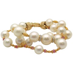 Three-Strand South Sea Cultured Pearl, Diamond and Pink Tourmaline Bracelet