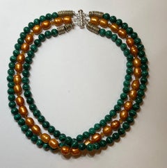 Three-Strand "Statement Piece" Malachite With Golden 'Pearls' Necklace