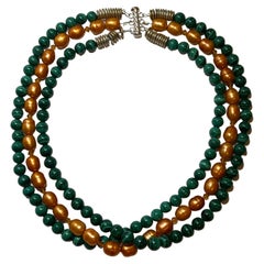 Retro Three-Strand "Statement Piece" Malachite With Golden 'Pearls' Necklace 