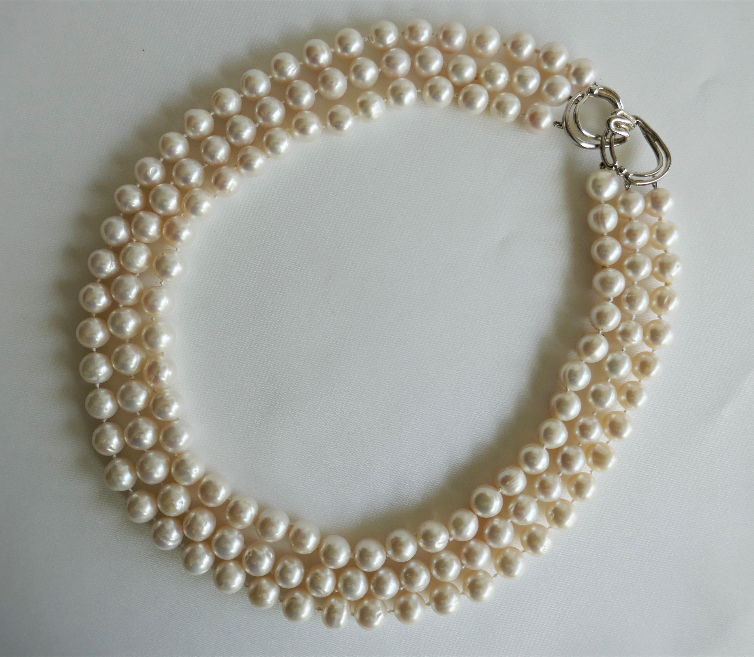 Contemporary Three Strand White Cultured Pearls 925 Sterling Silver Necklace For Sale