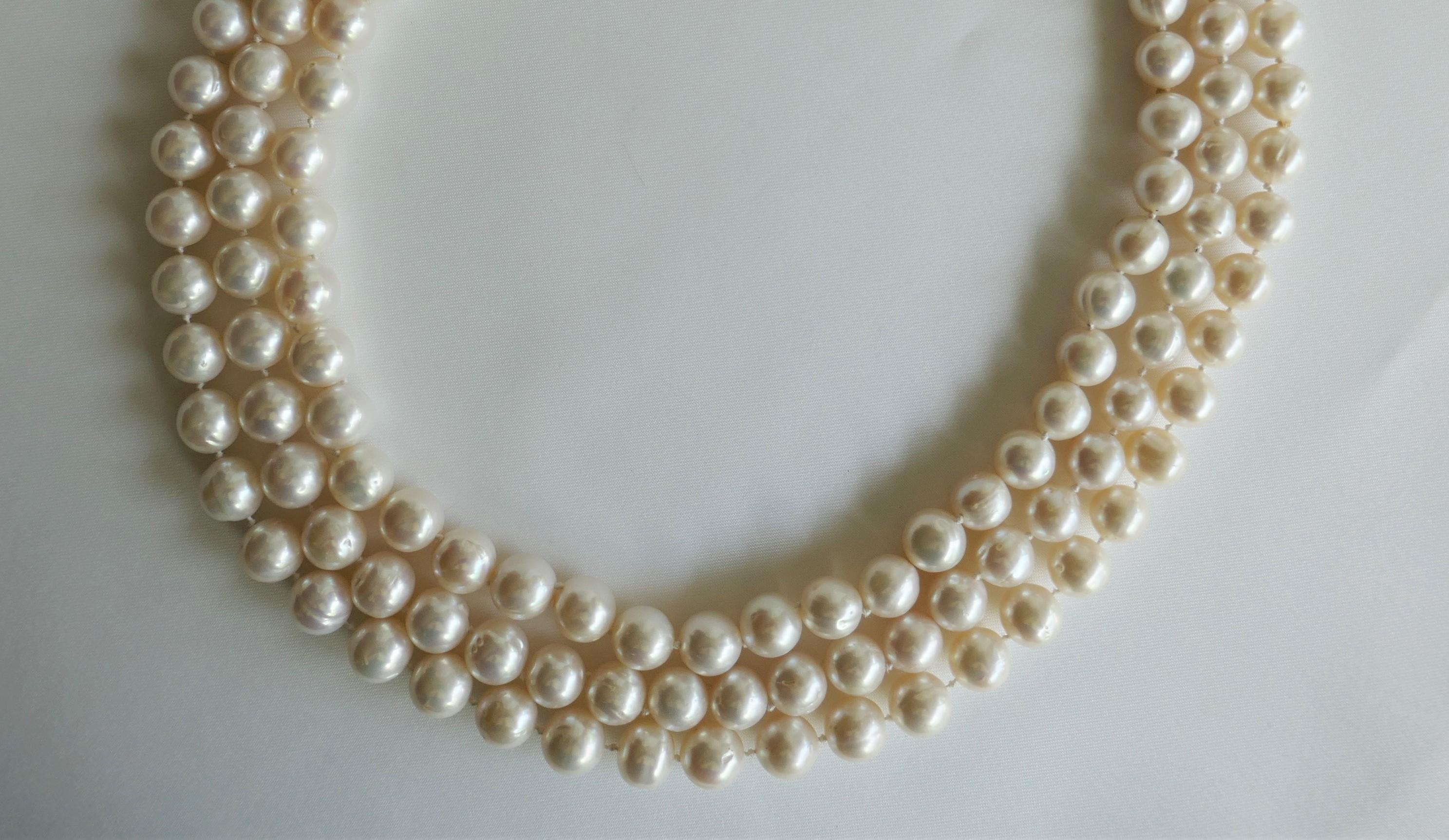 Three Strand White Cultured Pearls 925 Sterling Silver Necklace In New Condition For Sale In Coral Gables, FL