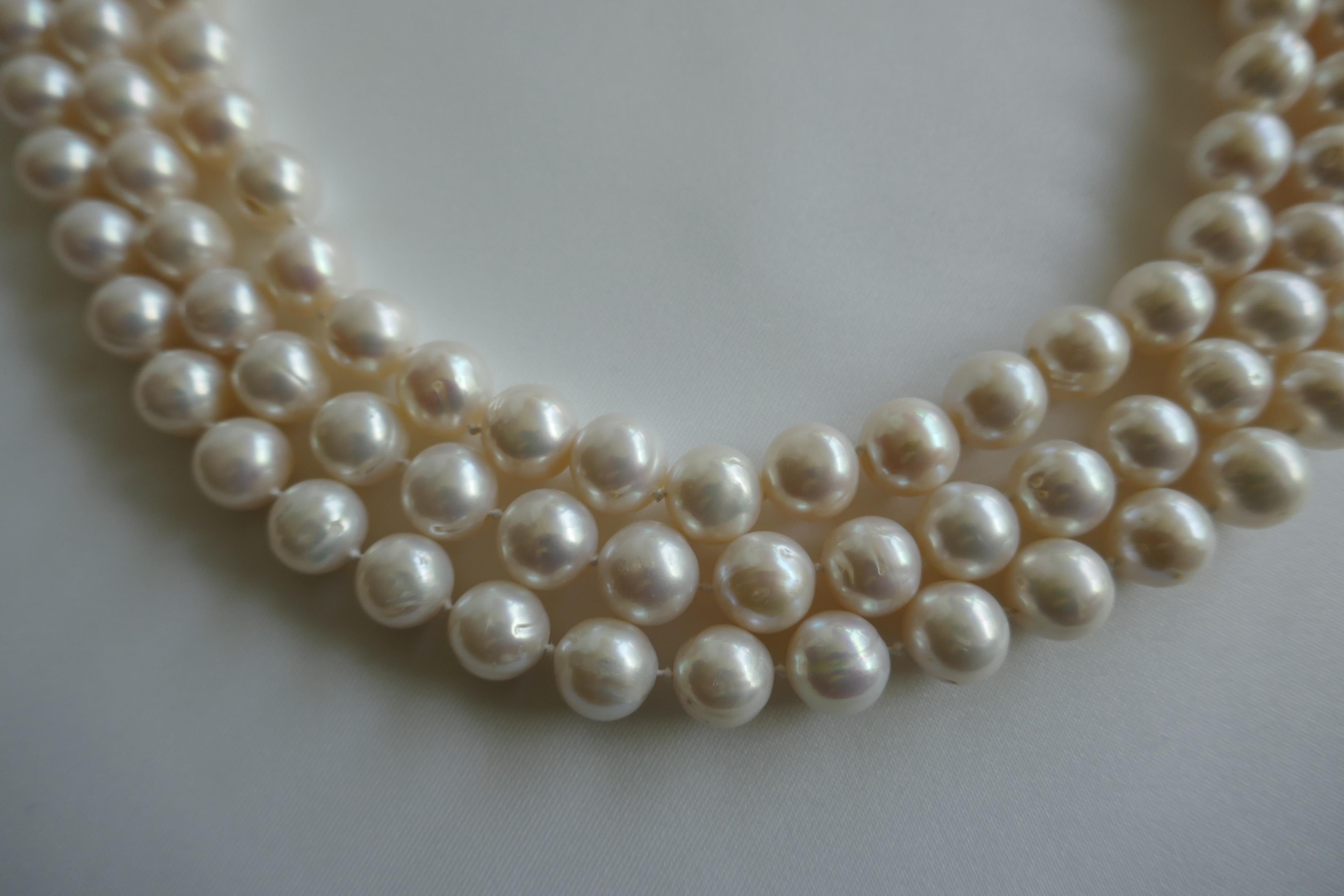 Women's Three Strand White Cultured Pearls 925 Sterling Silver Necklace For Sale