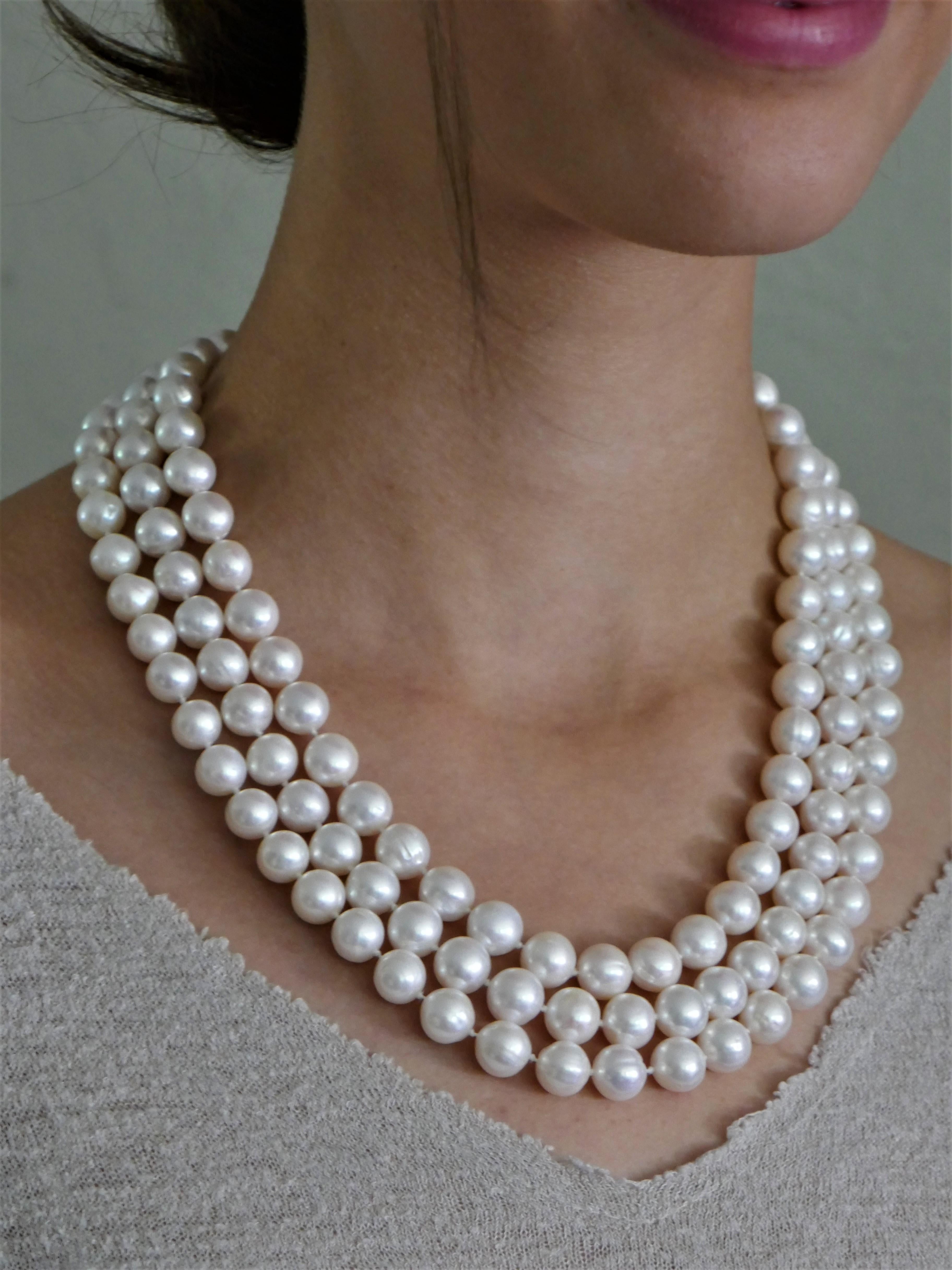 Three Strand White Cultured Pearls 925 Sterling Silver Necklace For Sale 1
