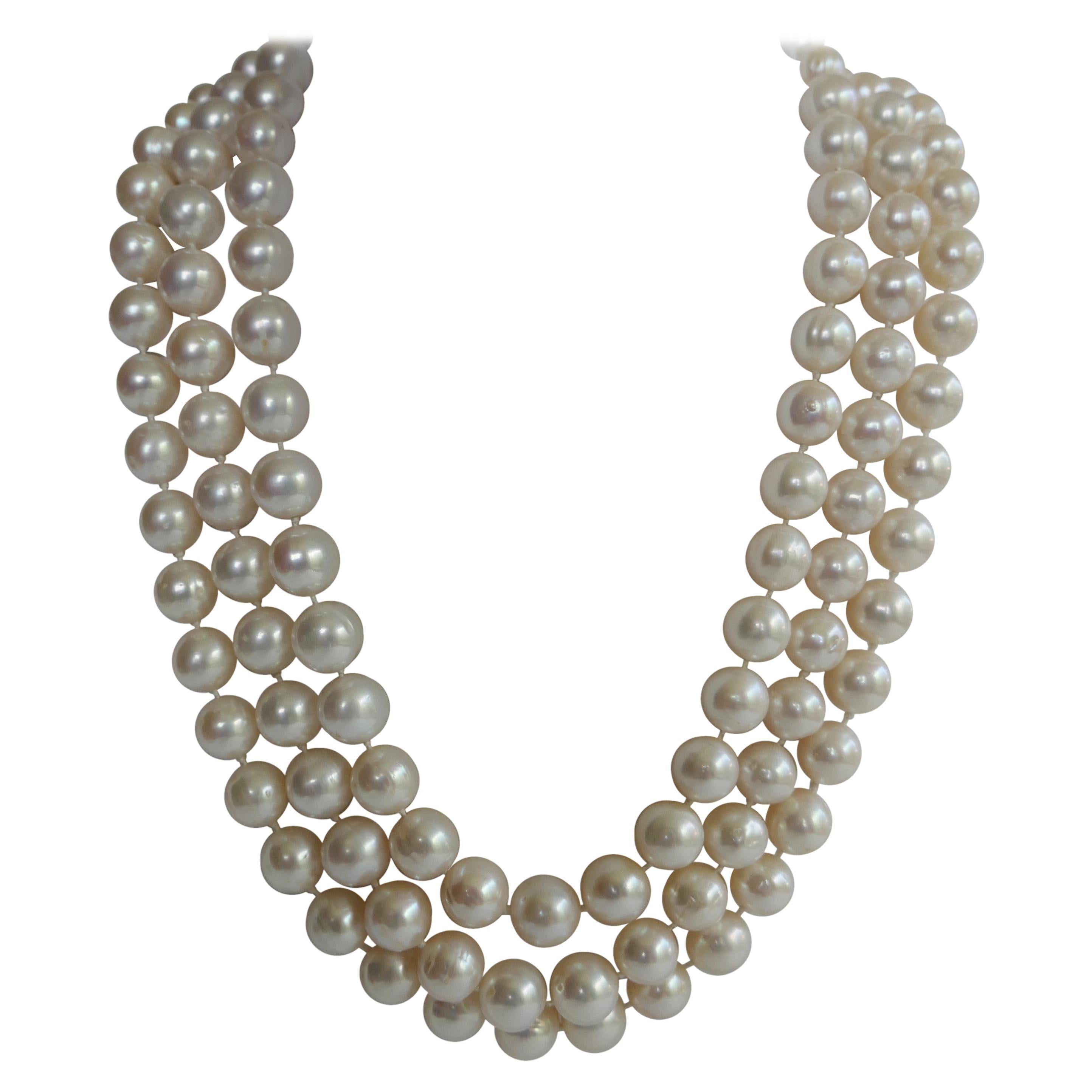 Three Strand White Cultured Pearls 925 Sterling Silver Necklace For Sale