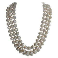 Three Strand White Cultured Pearls 925 Sterling Silver Necklace