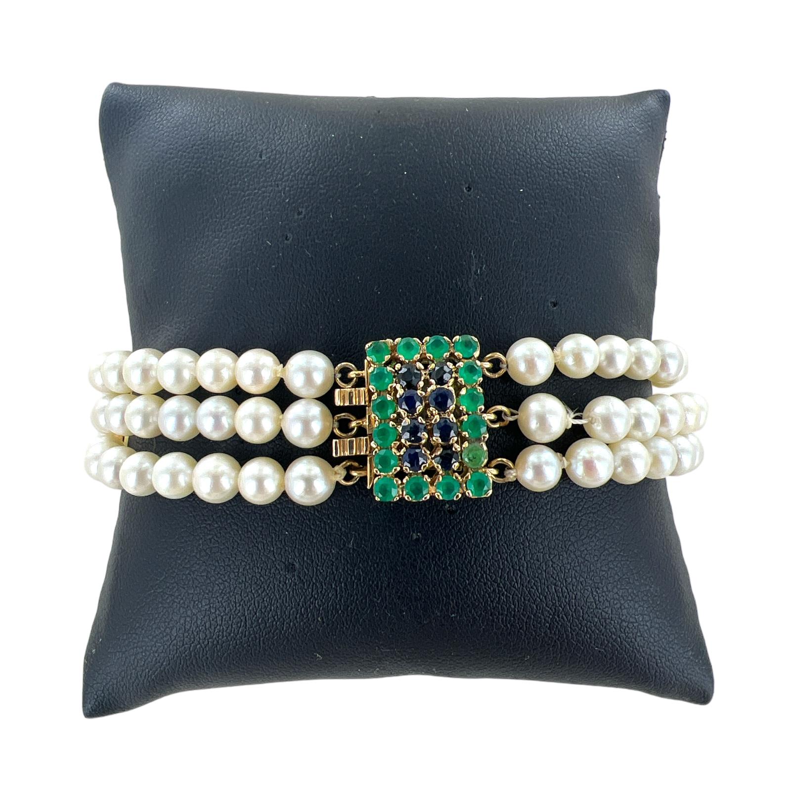 Round Cut Three Strand White Pearl Bracelet Emerald Sapphire 14 Karat Yellow Gold Clasp 