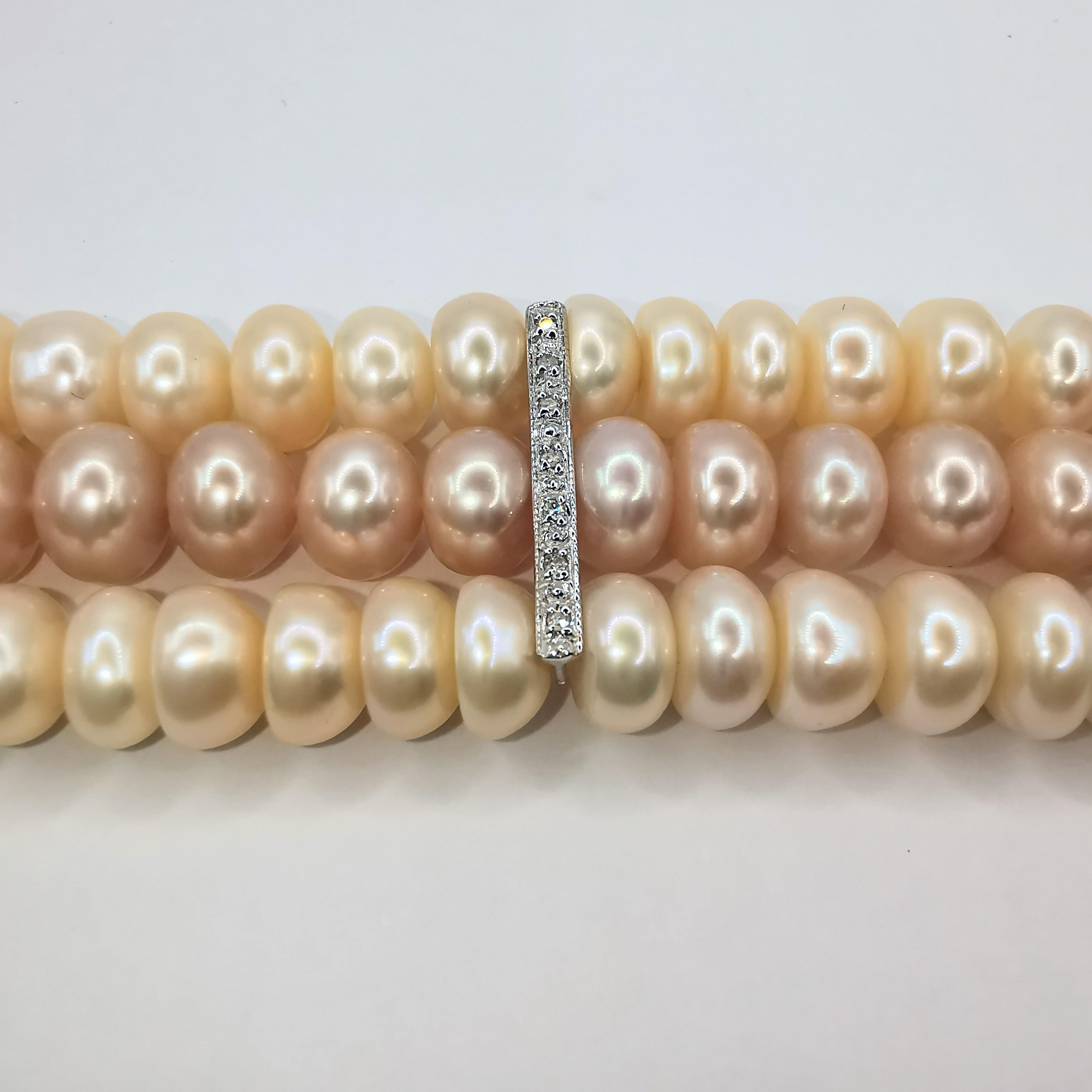 Contemporary Three-Strand White & Pink Pearl Bracelet with Diamond Clasp in 14K White Gold