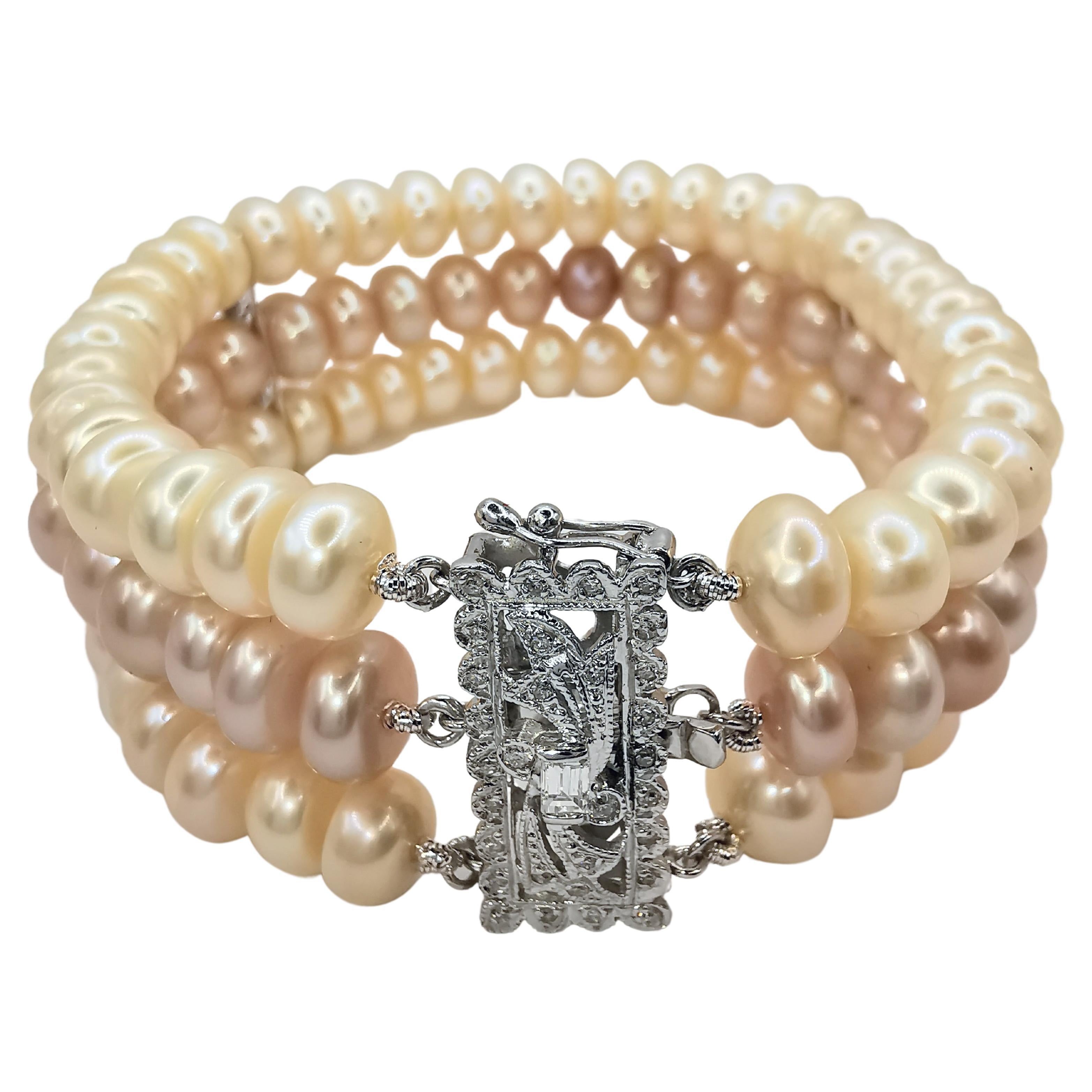 Three-Strand White & Pink Pearl Bracelet with Diamond Clasp in 14K White Gold