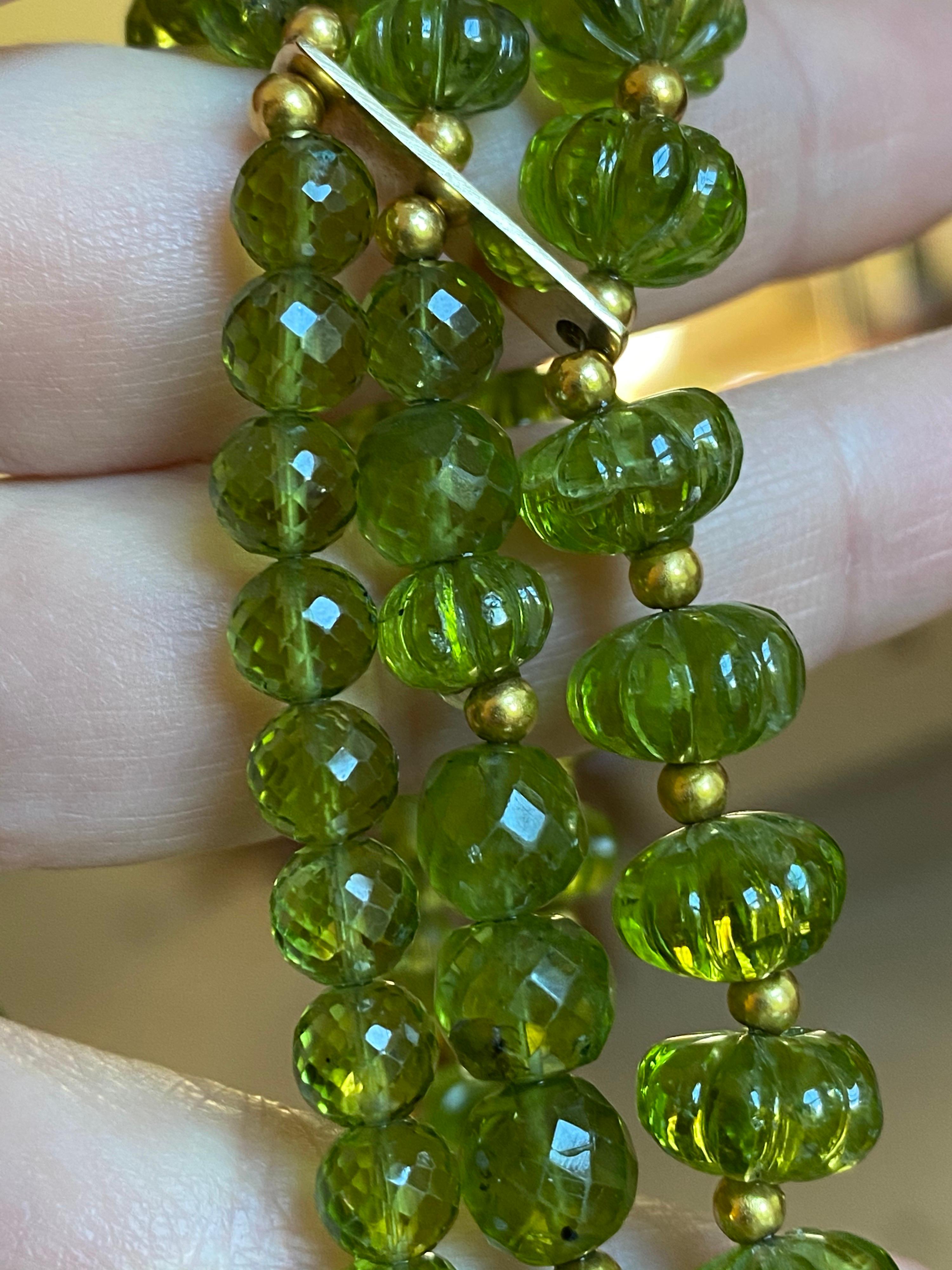 Contemporary Jane Magon Collections Three Strands of Peridot with 18 Karat Gold Diamond Clasp For Sale