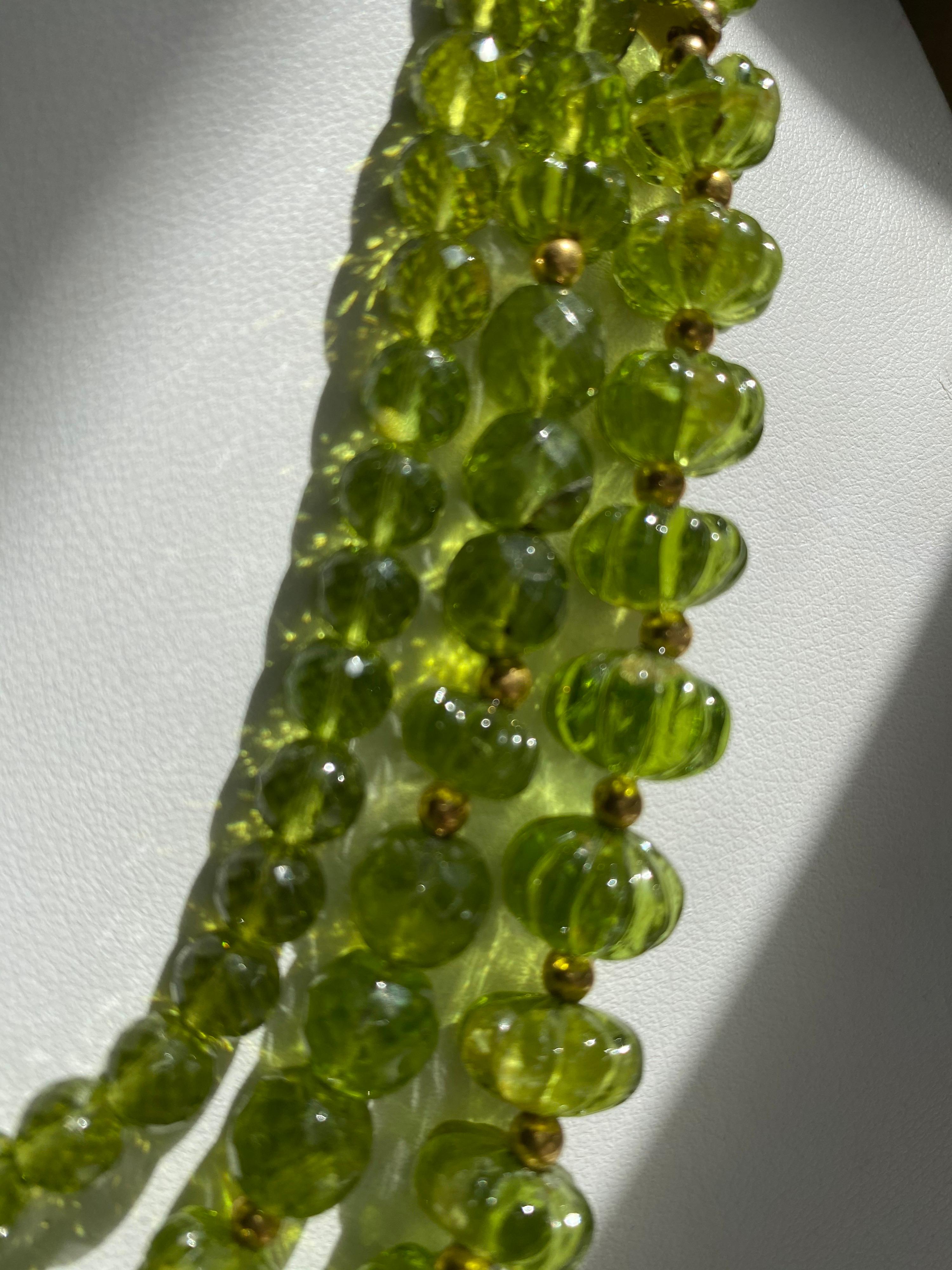 Single Cut Jane Magon Collections Three Strands of Peridot with 18 Karat Gold Diamond Clasp For Sale