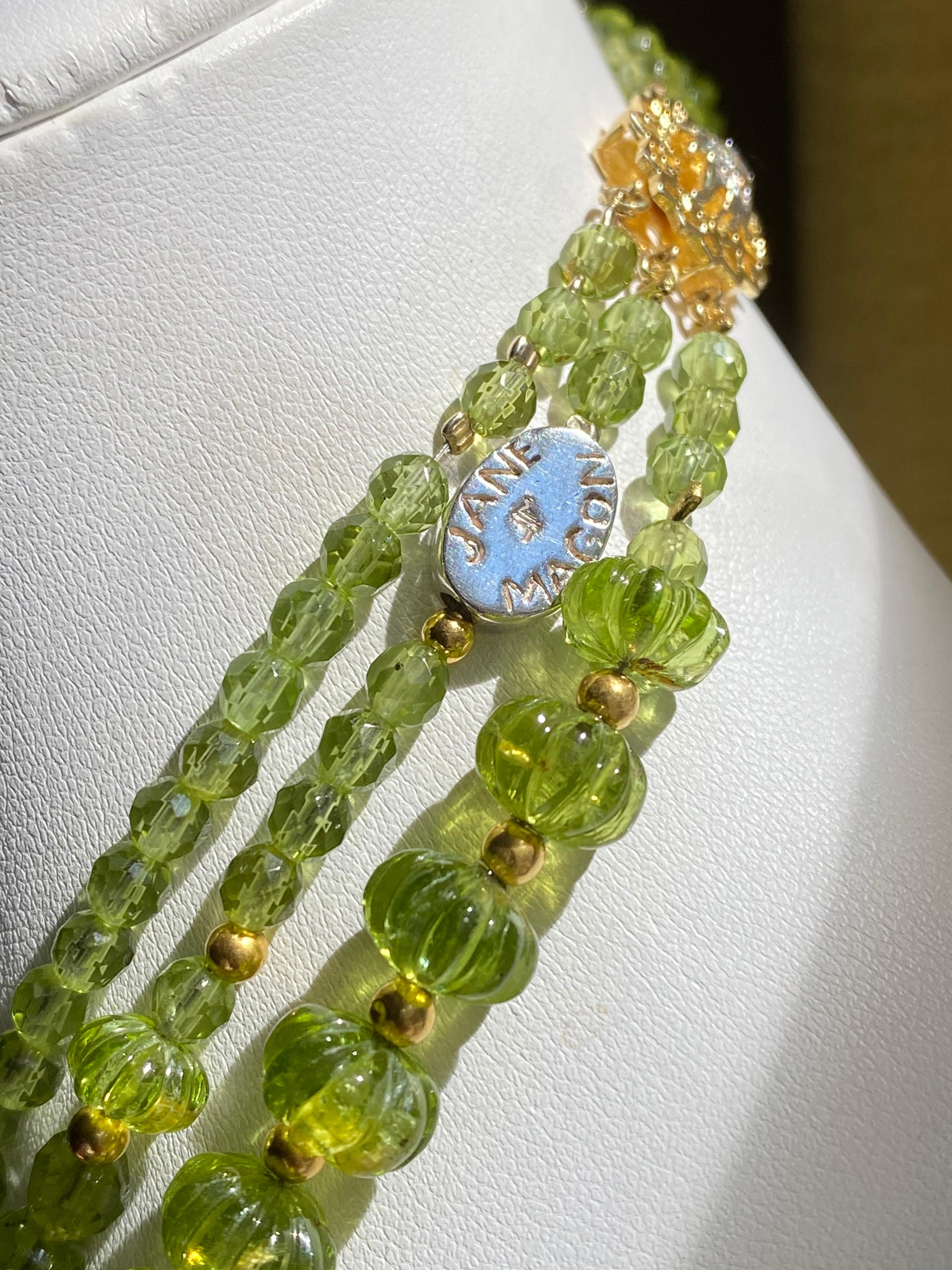 Jane Magon Collections Three Strands of Peridot with 18 Karat Gold Diamond Clasp In New Condition For Sale In New York, NY
