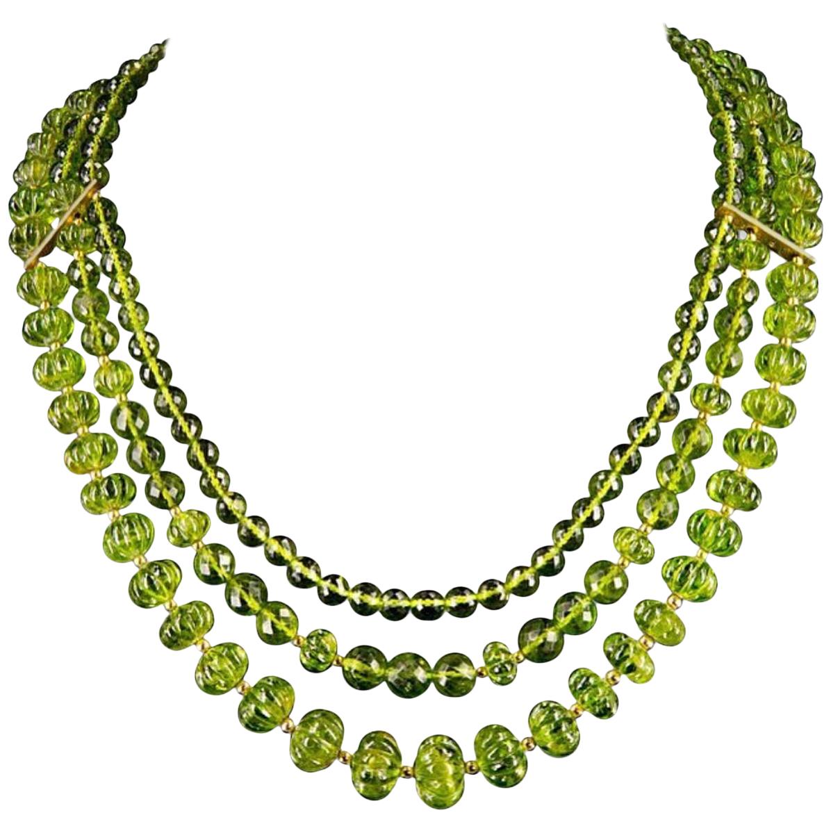 Jane Magon Collections Three Strands of Peridot with 18 Karat Gold Diamond Clasp For Sale