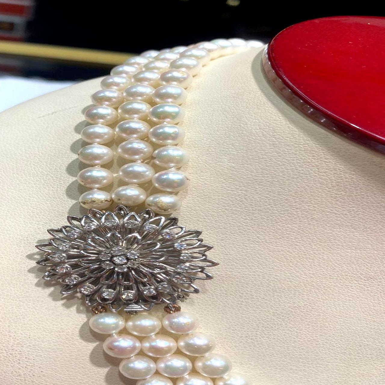 Three Strands of Japanese Akoya Pearls Antique 14k White Gold Clasp