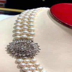 Three Strands of Japanese Akoya Pearls Antique 14k White Gold Clasp with