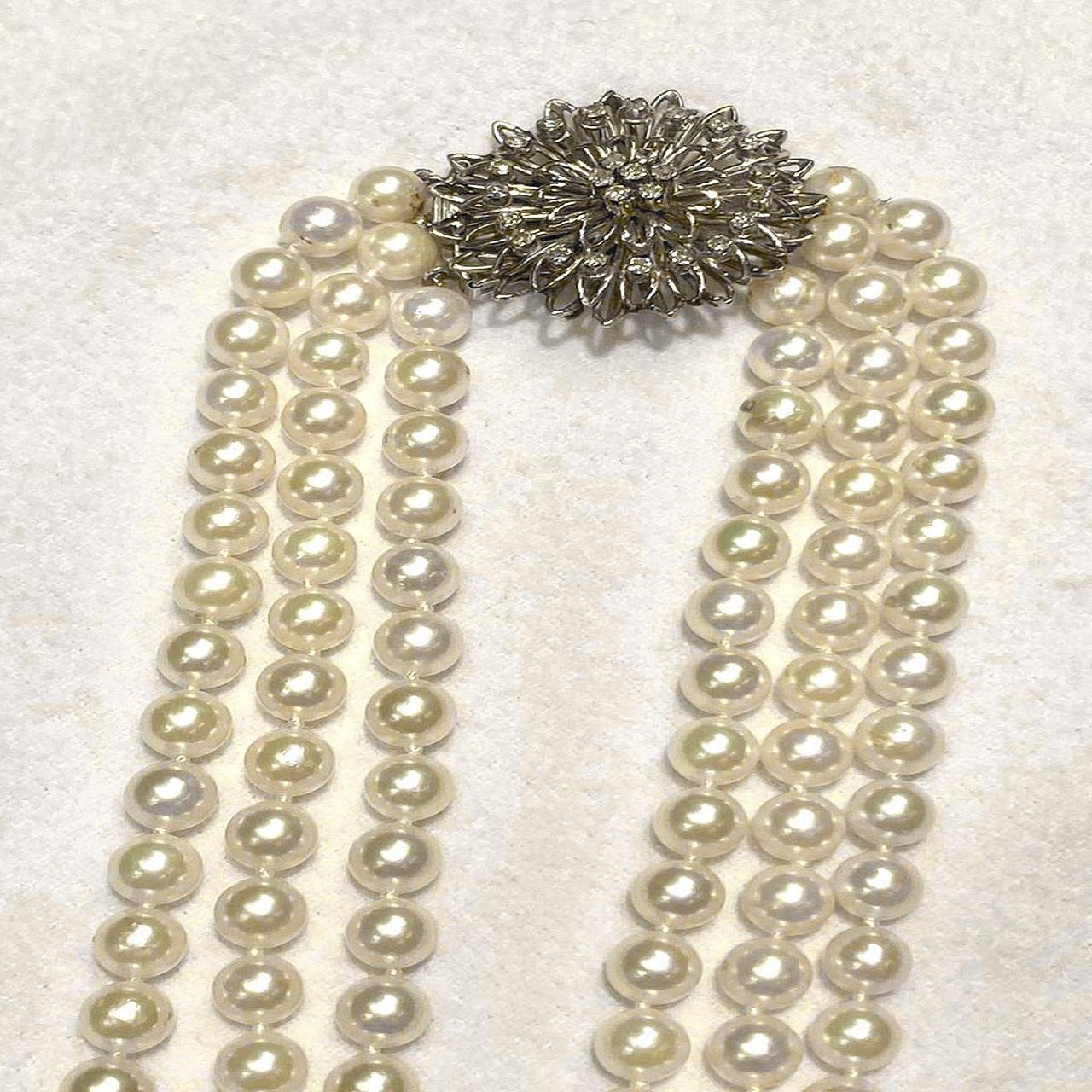 Three Strands of Japanese Akoya Pearls Antique 14k White Gold Clasp