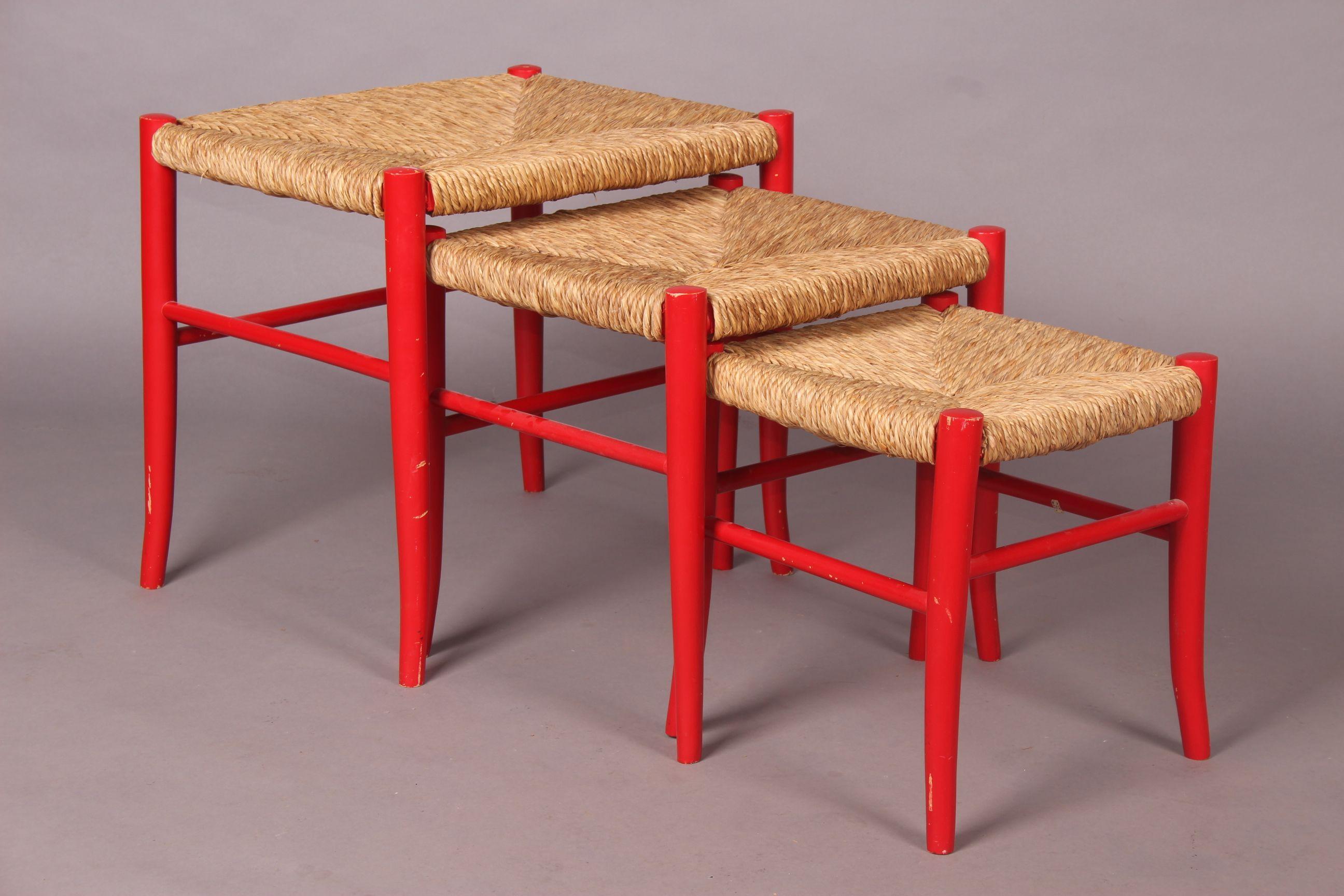 Late 20th Century Three Straw and Painted Wood Stools
