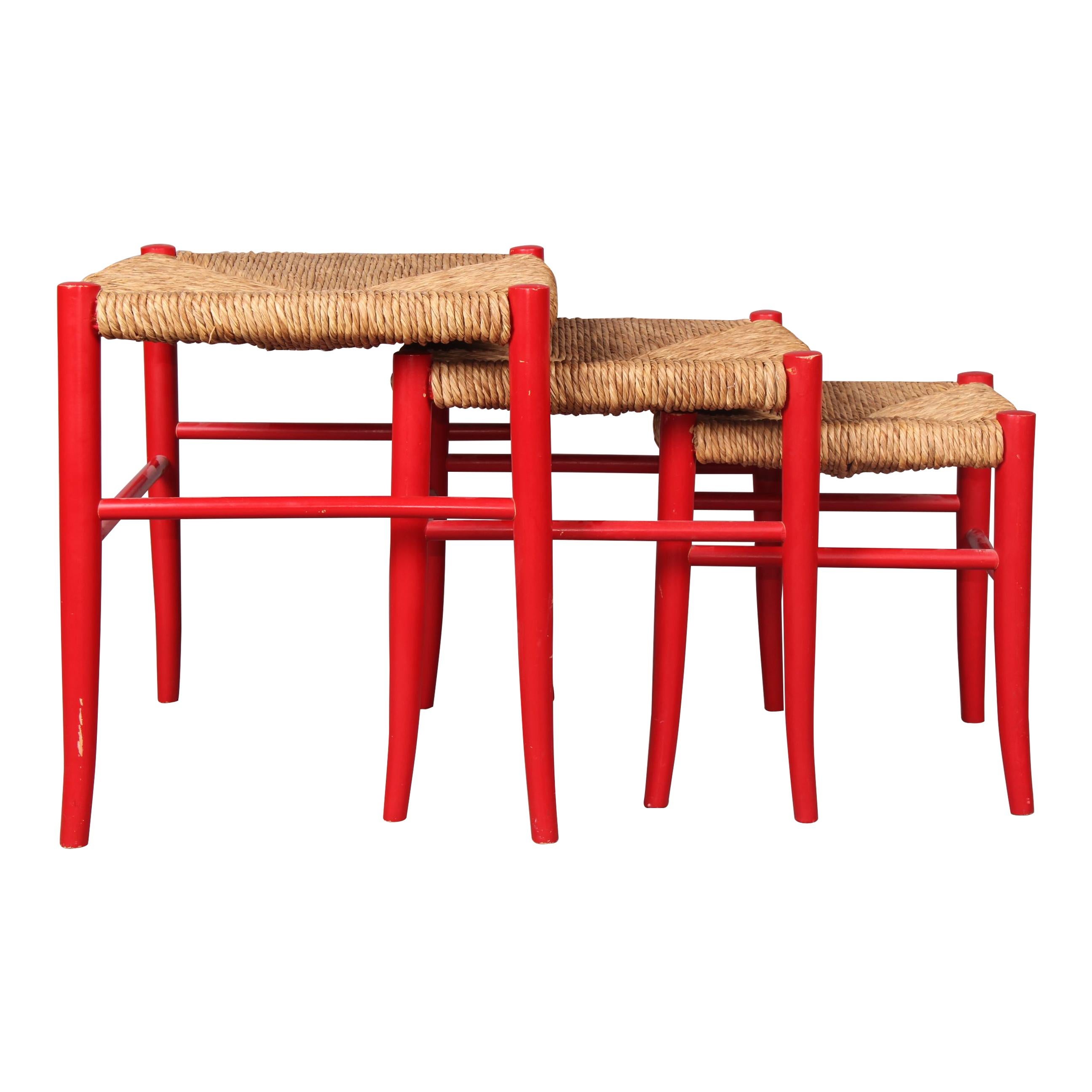 Three Straw and Painted Wood Stools