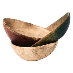 Three Swedish Carved and Painted Wooden Bowls, 19th Century