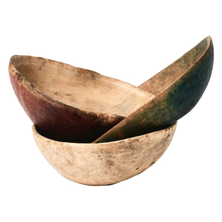 Three Swedish Carved and Painted Wooden Bowls, 19th Century For Sale