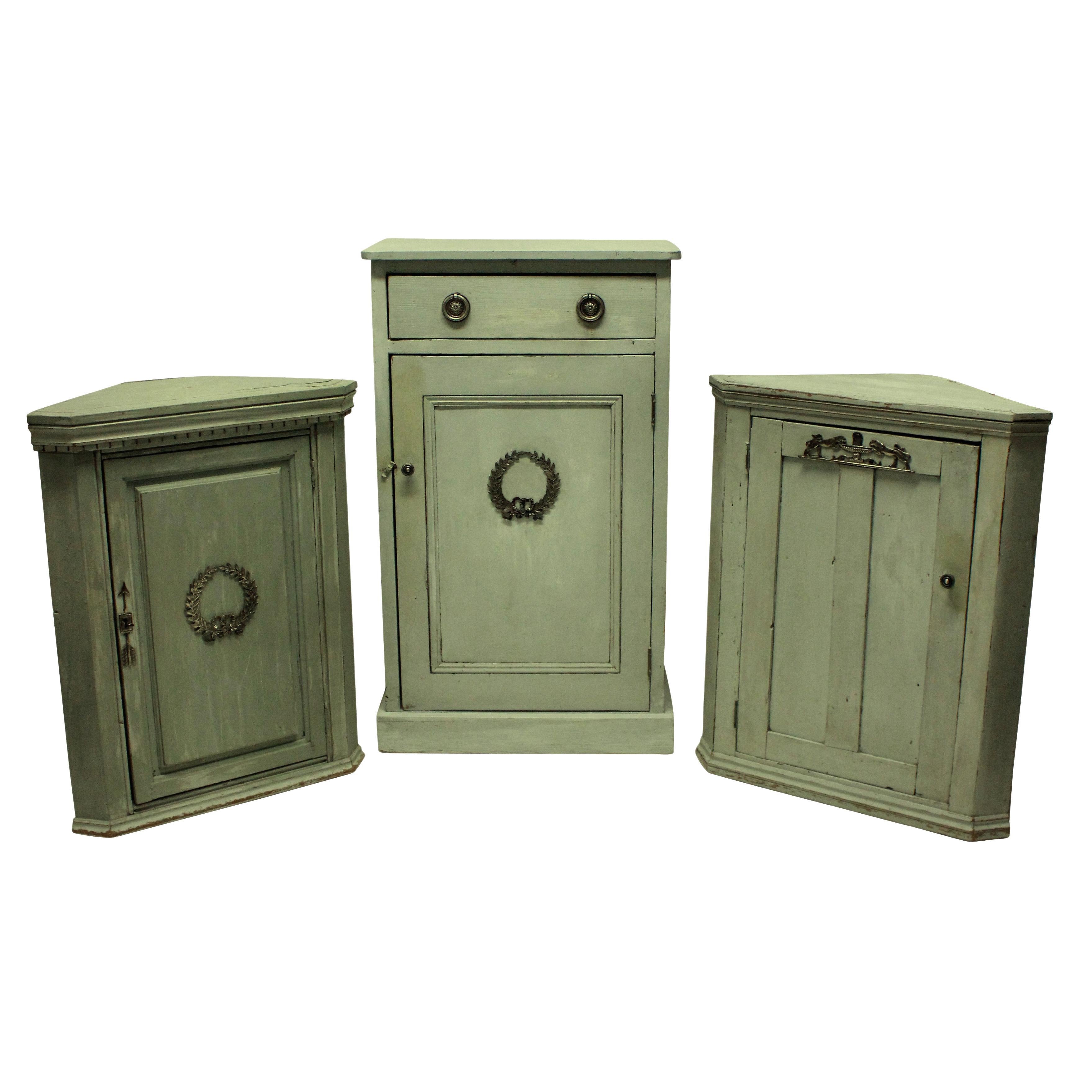 Three Swedish Painted Cupboards with Silver Mounts For Sale