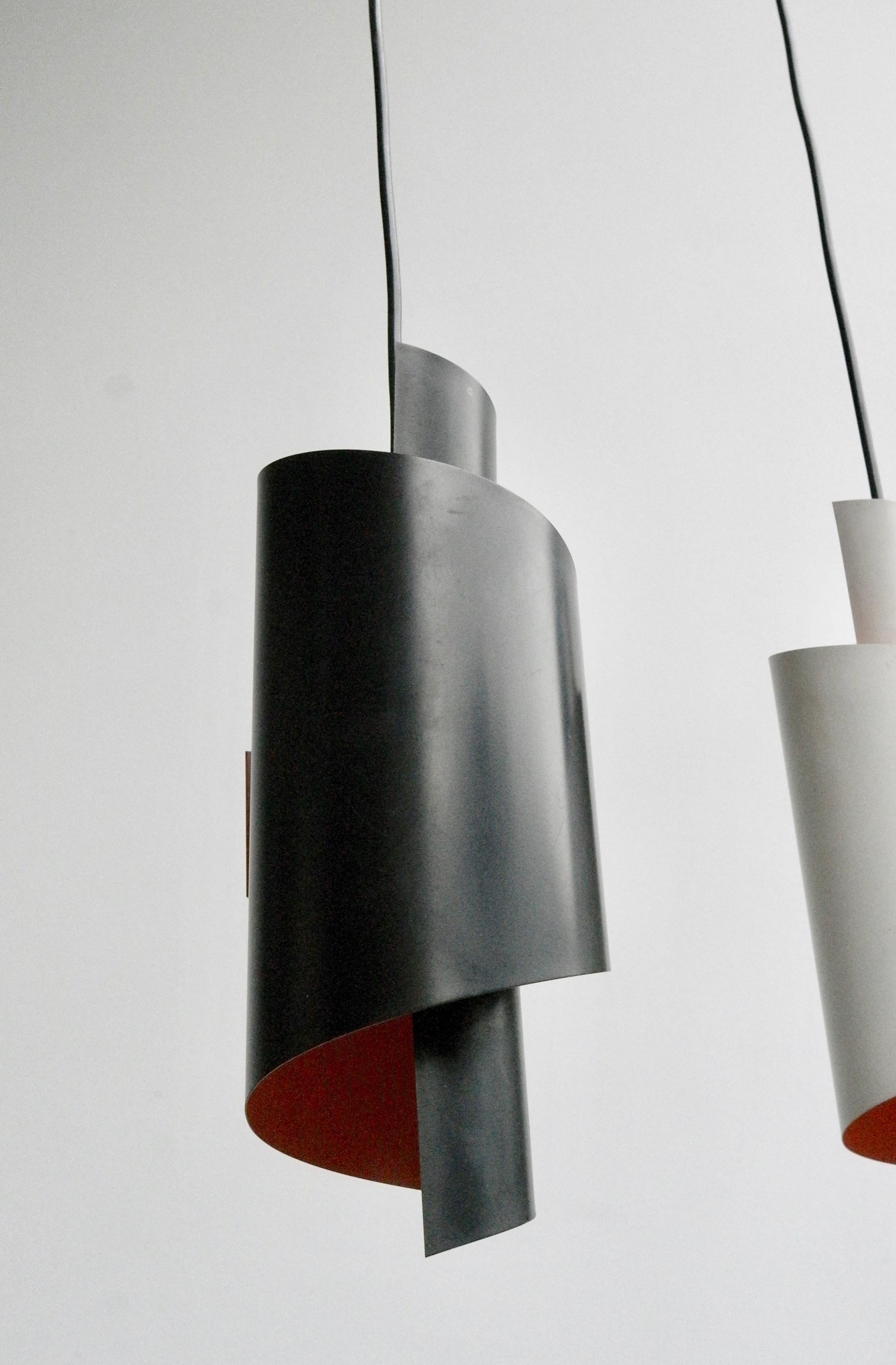 Mid-Century Modern Three Swirl Black and White Pendant lamps by Simon Henningsen, Denmark, 1960s