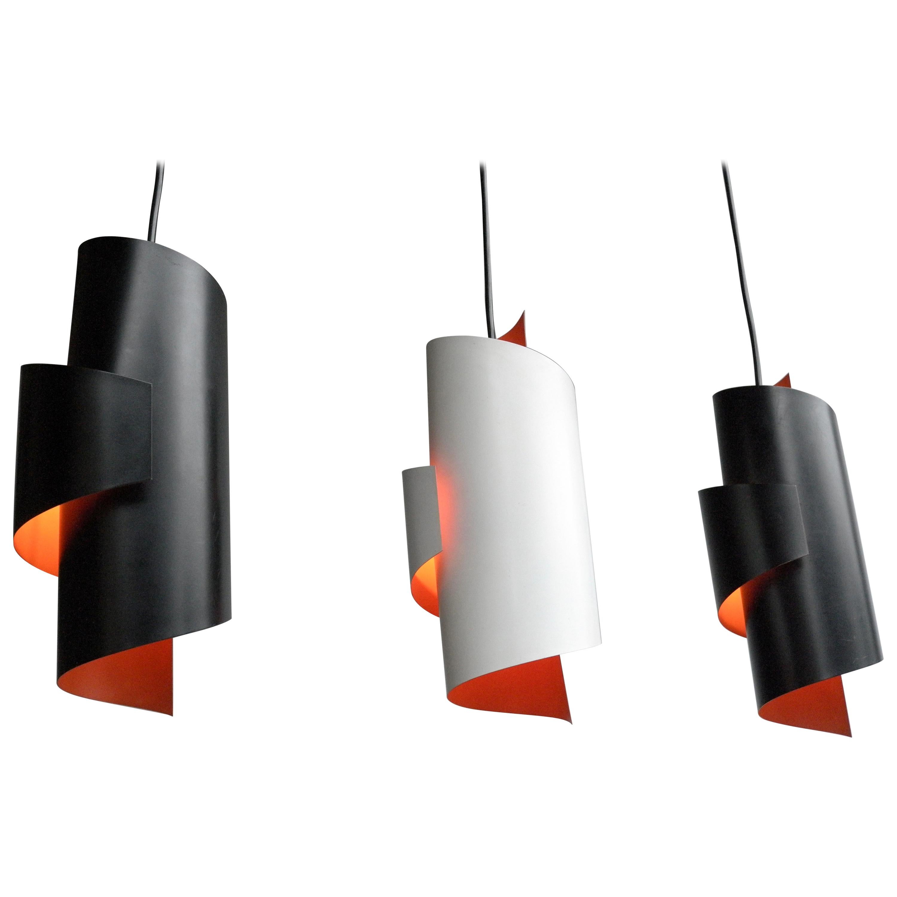 Three Swirl Black and White Pendant lamps by Simon Henningsen, Denmark, 1960s