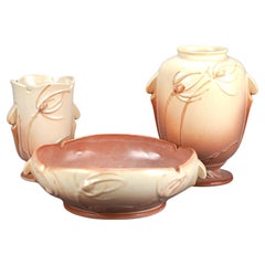 Three Tan & Pink Roseville Art Pottery with Teasel Pattern Mid 20thC
