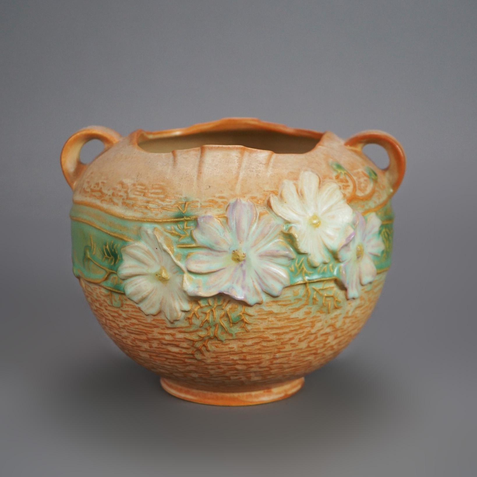 Three Tan Roseville Art Pottery with Cosmos Pattern Mid 20thC 2