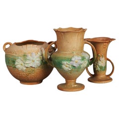 Three Tan Roseville Art Pottery with Cosmos Pattern Mid 20thC