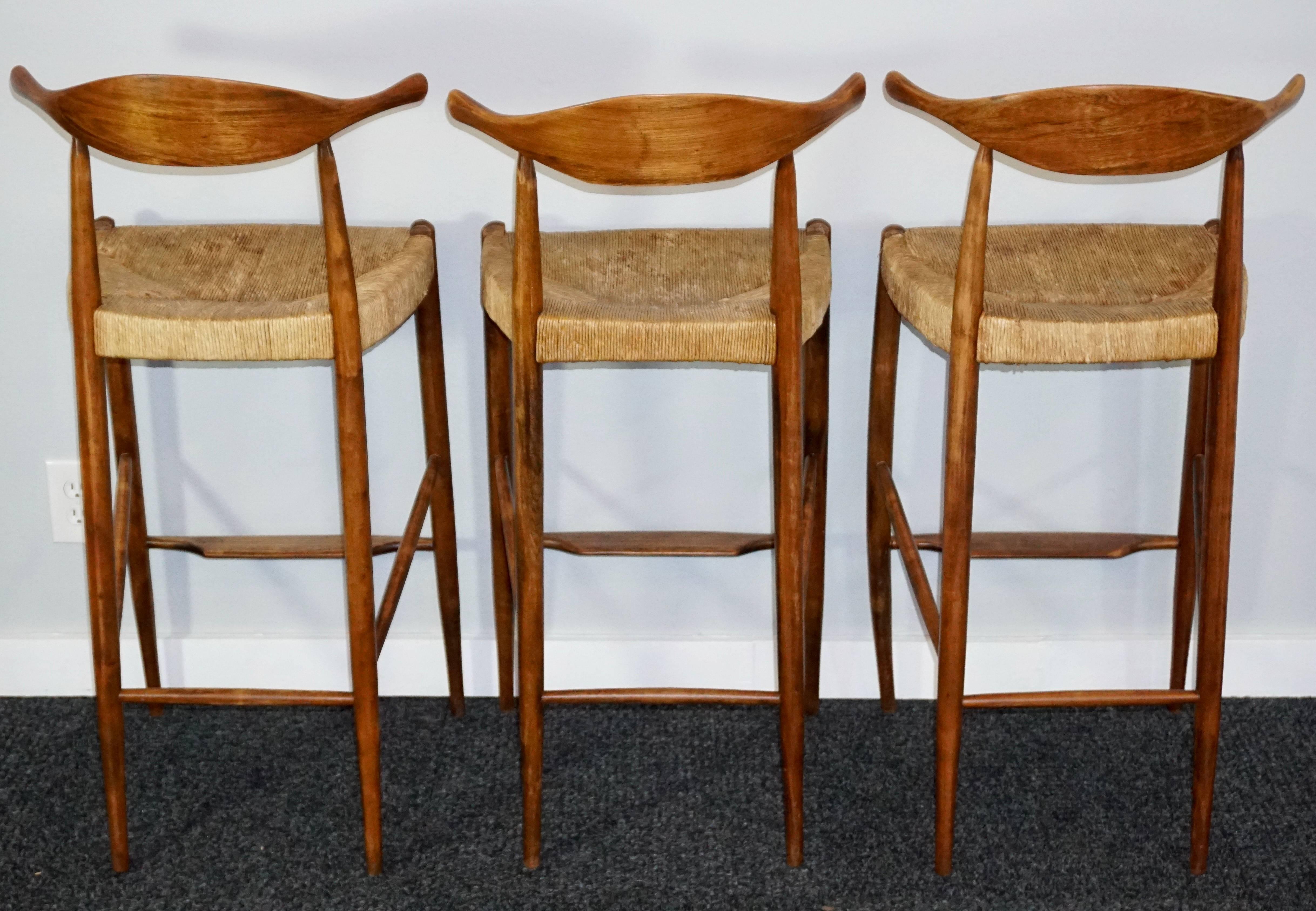 Three Teak Arthur Umanoff Mid-Century Modern Cow Horn Stools In Good Condition In Dallas, TX