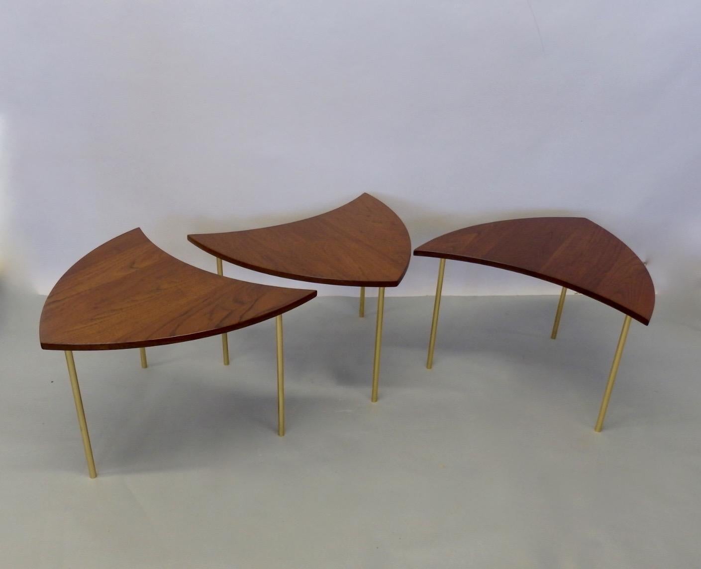 Mid-Century Modern Three Teak with Brass Leg Peter Hvidt Olga Molgaard Flying Wedge Stack Tables