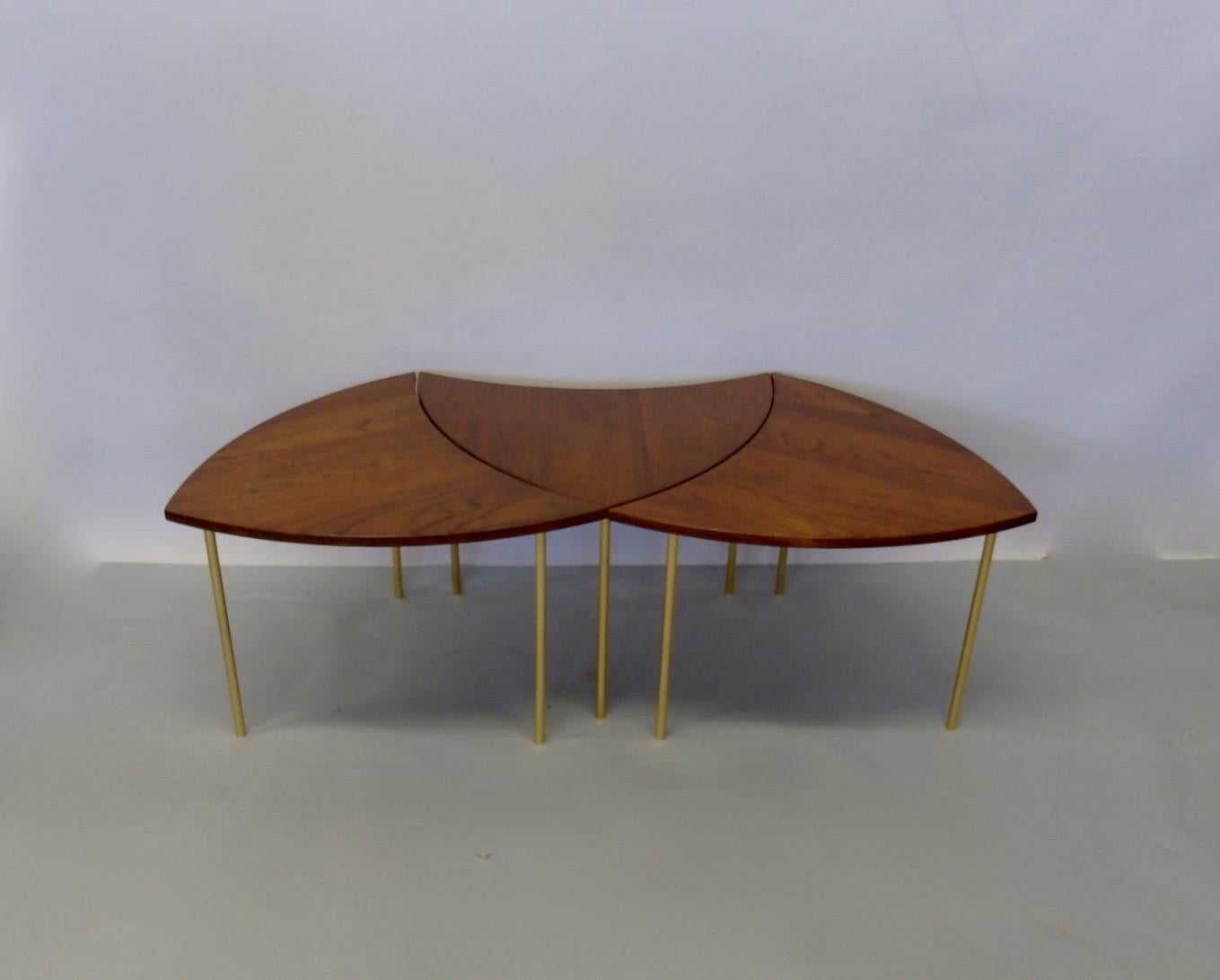 Polished Three Teak with Brass Leg Peter Hvidt Olga Molgaard Flying Wedge Stack Tables