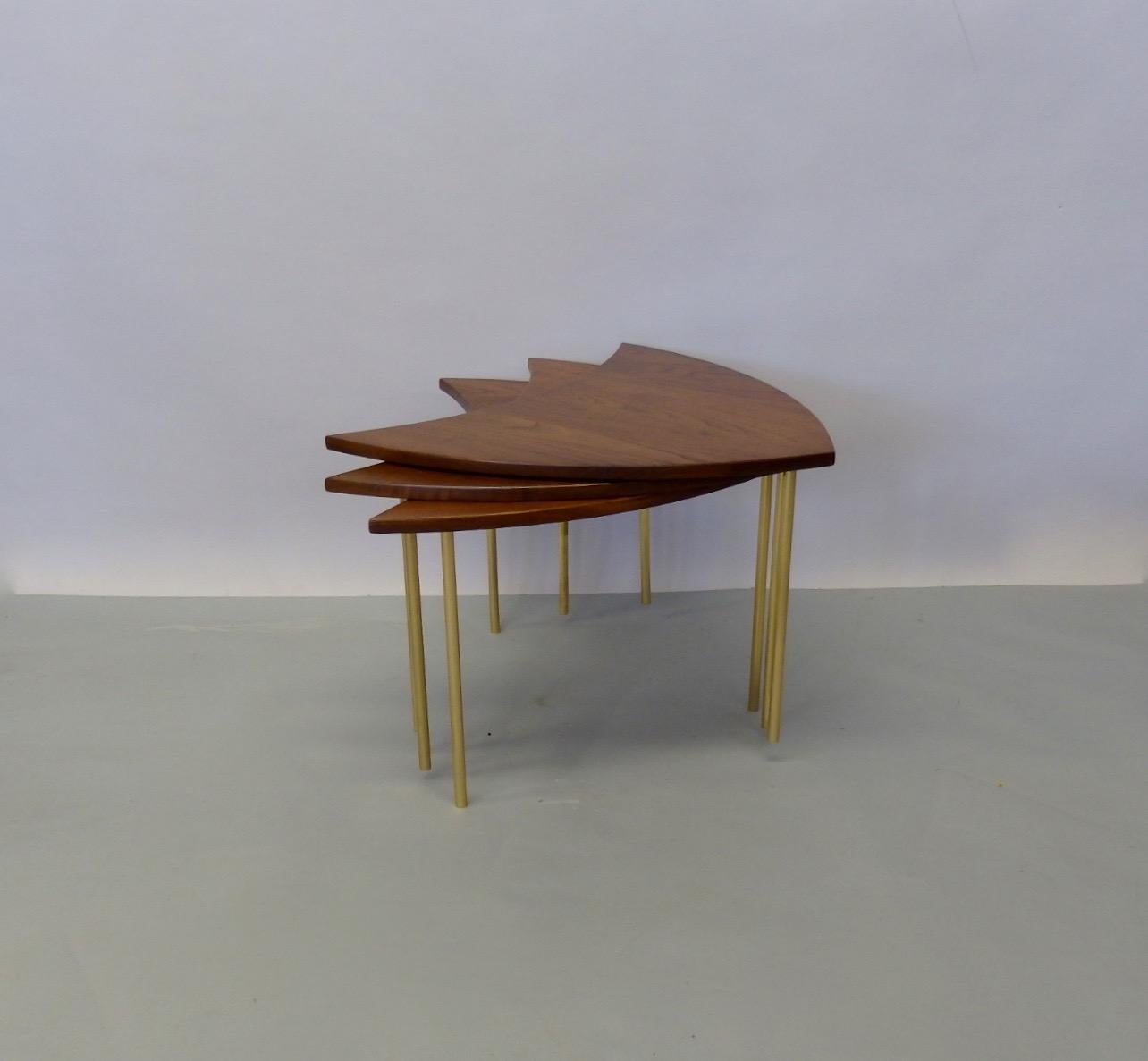 Three Teak with Brass Leg Peter Hvidt Olga Molgaard Flying Wedge Stack Tables 1