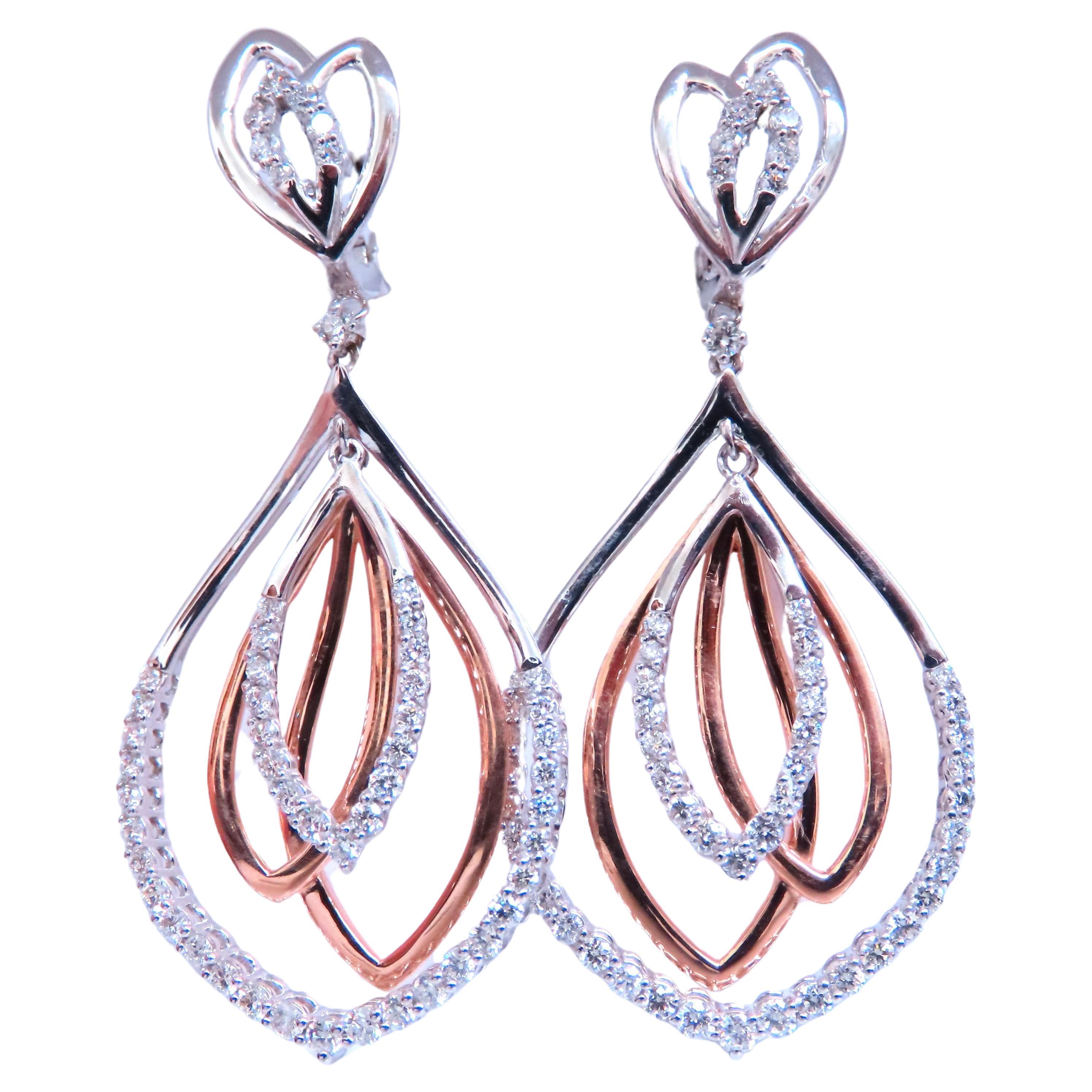 Pendants d'oreilles en or 14 carats avec diamants ronds naturels de 2,10 carats à trois niveaux 12378 en vente