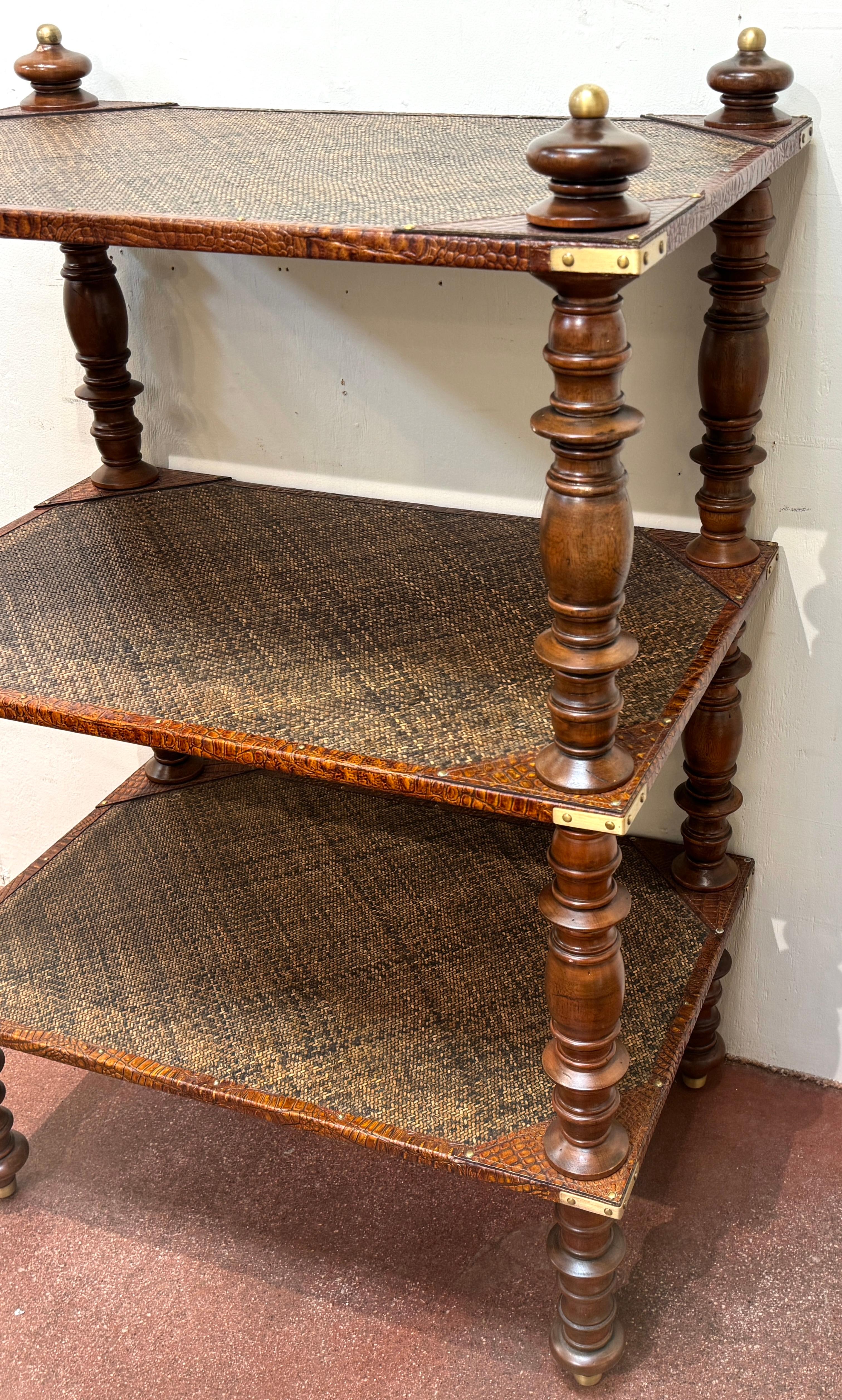 Three-Tier Anglo-Indian Leather, Brass & Rattan Étagère/ Shelf For Sale 5