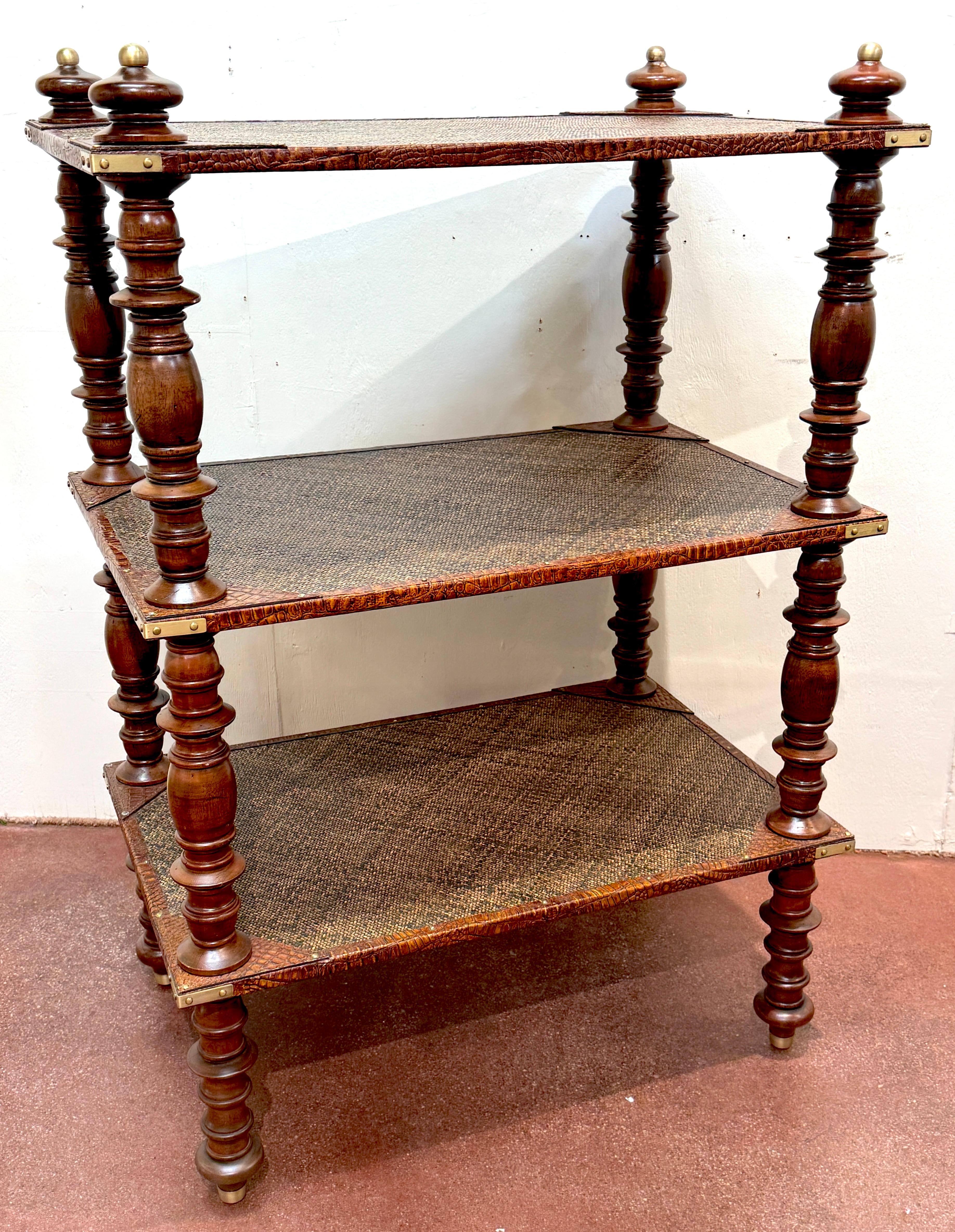 Three-Tier Anglo-Indian Leather, Brass & Rattan Étagère/ Shelf For Sale 6