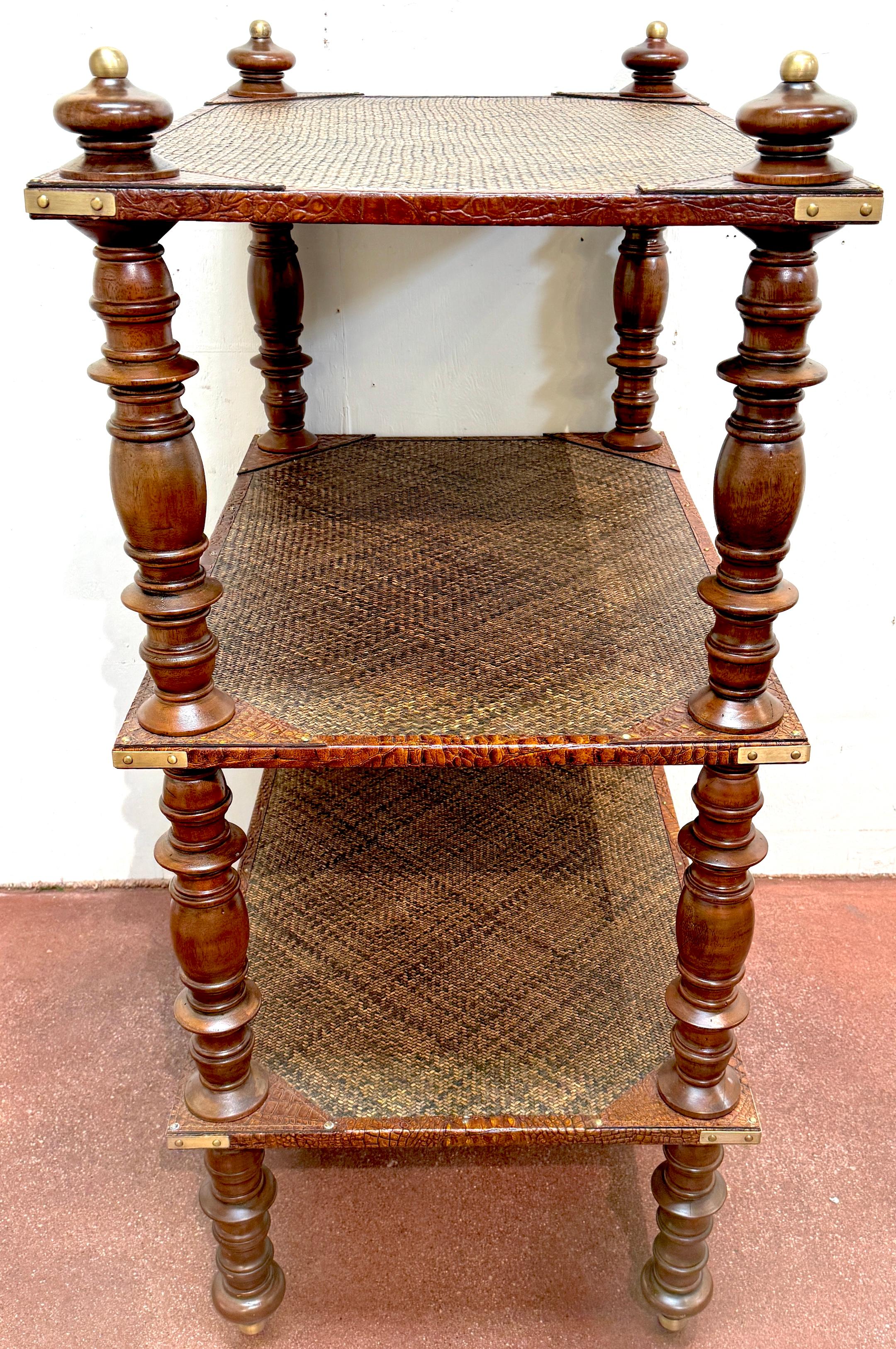 Three-Tier Anglo-Indian Leather, Brass & Rattan Étagère/ Shelf For Sale 7