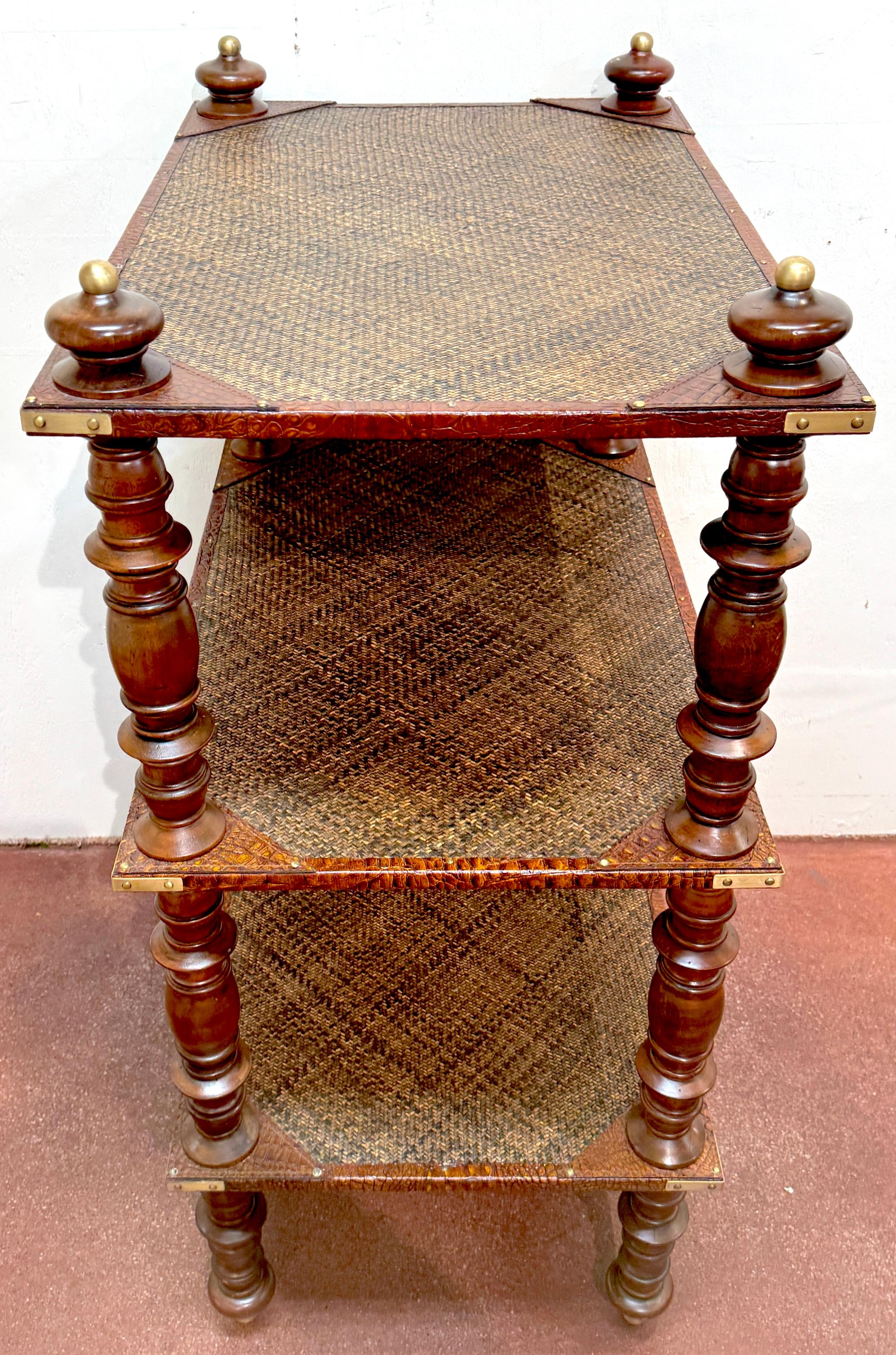 Three-Tier Anglo-Indian Leather, Brass & Rattan Étagère/ Shelf For Sale 8