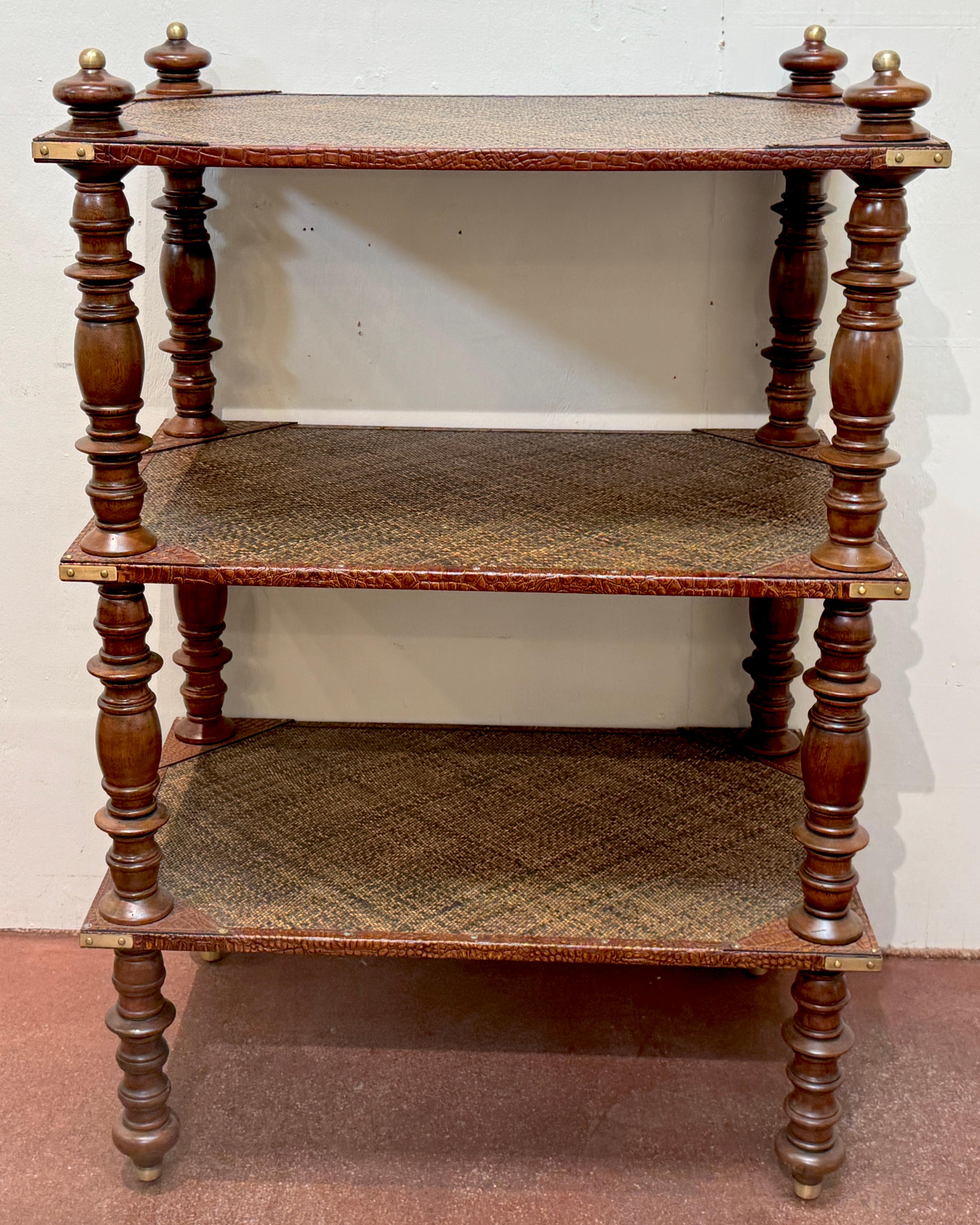 Carved Three-Tier Anglo-Indian Leather, Brass & Rattan Étagère/ Shelf For Sale