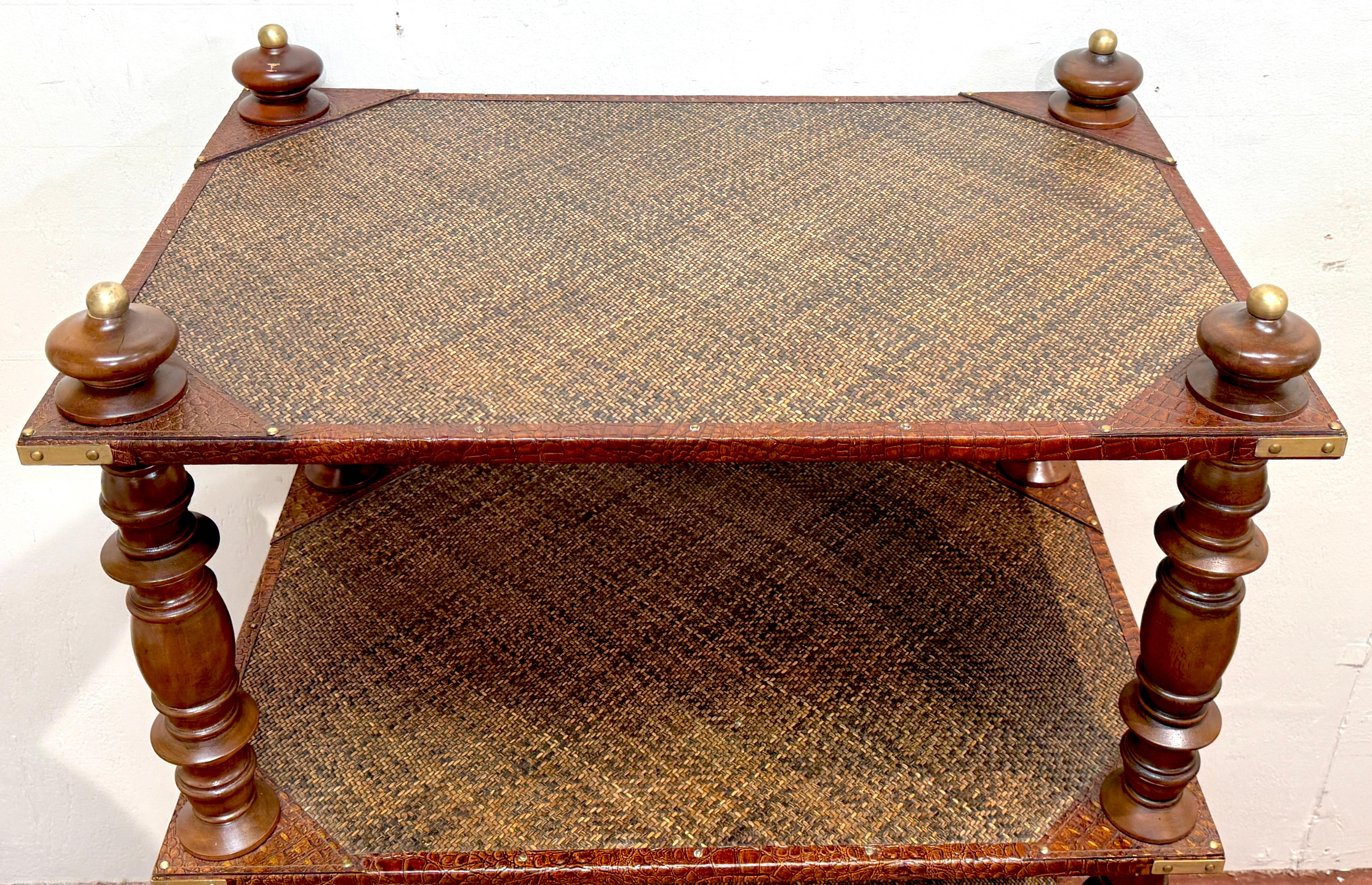Three-Tier Anglo-Indian Leather, Brass & Rattan Étagère/ Shelf In Good Condition For Sale In West Palm Beach, FL