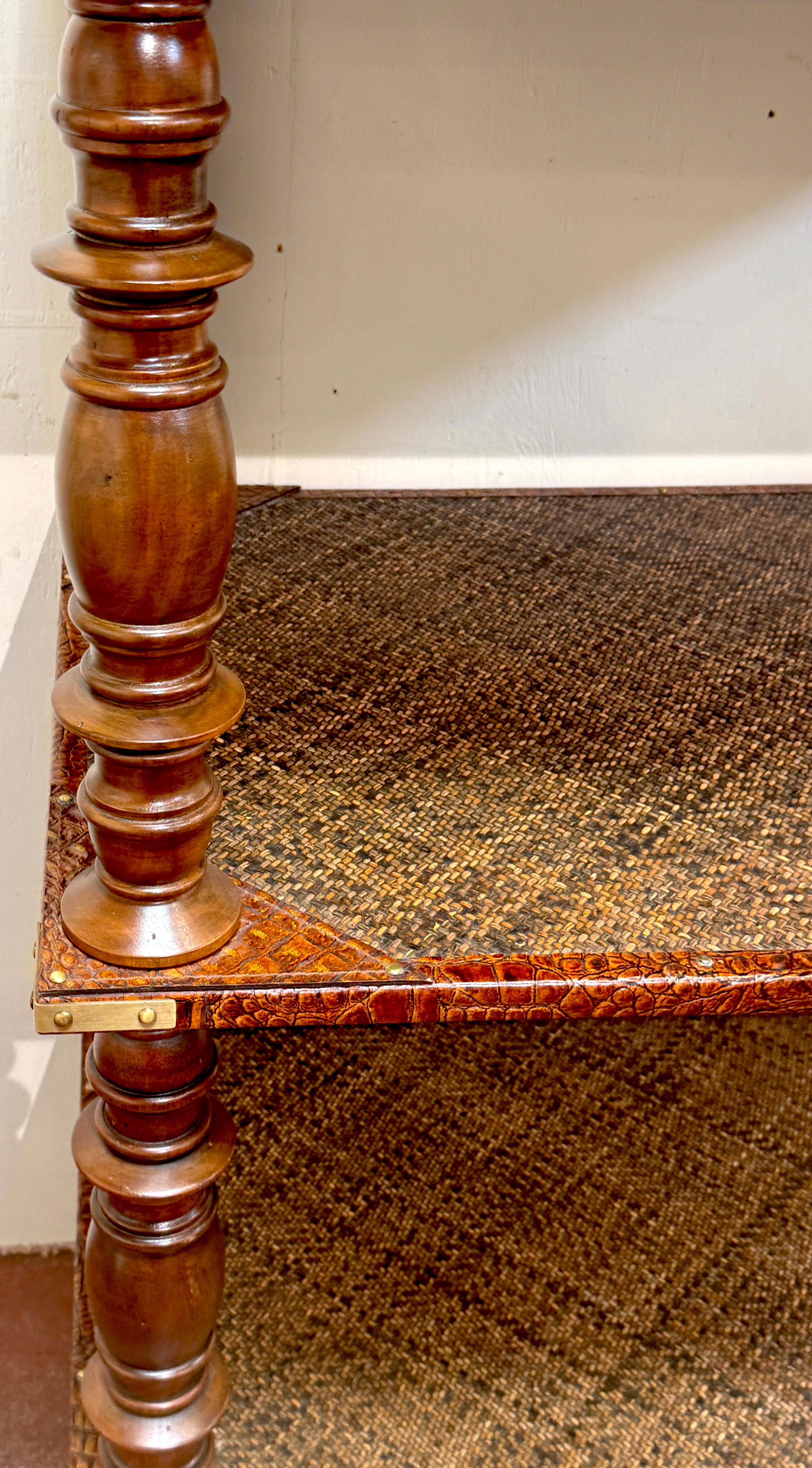 20th Century Three-Tier Anglo-Indian Leather, Brass & Rattan Étagère/ Shelf For Sale