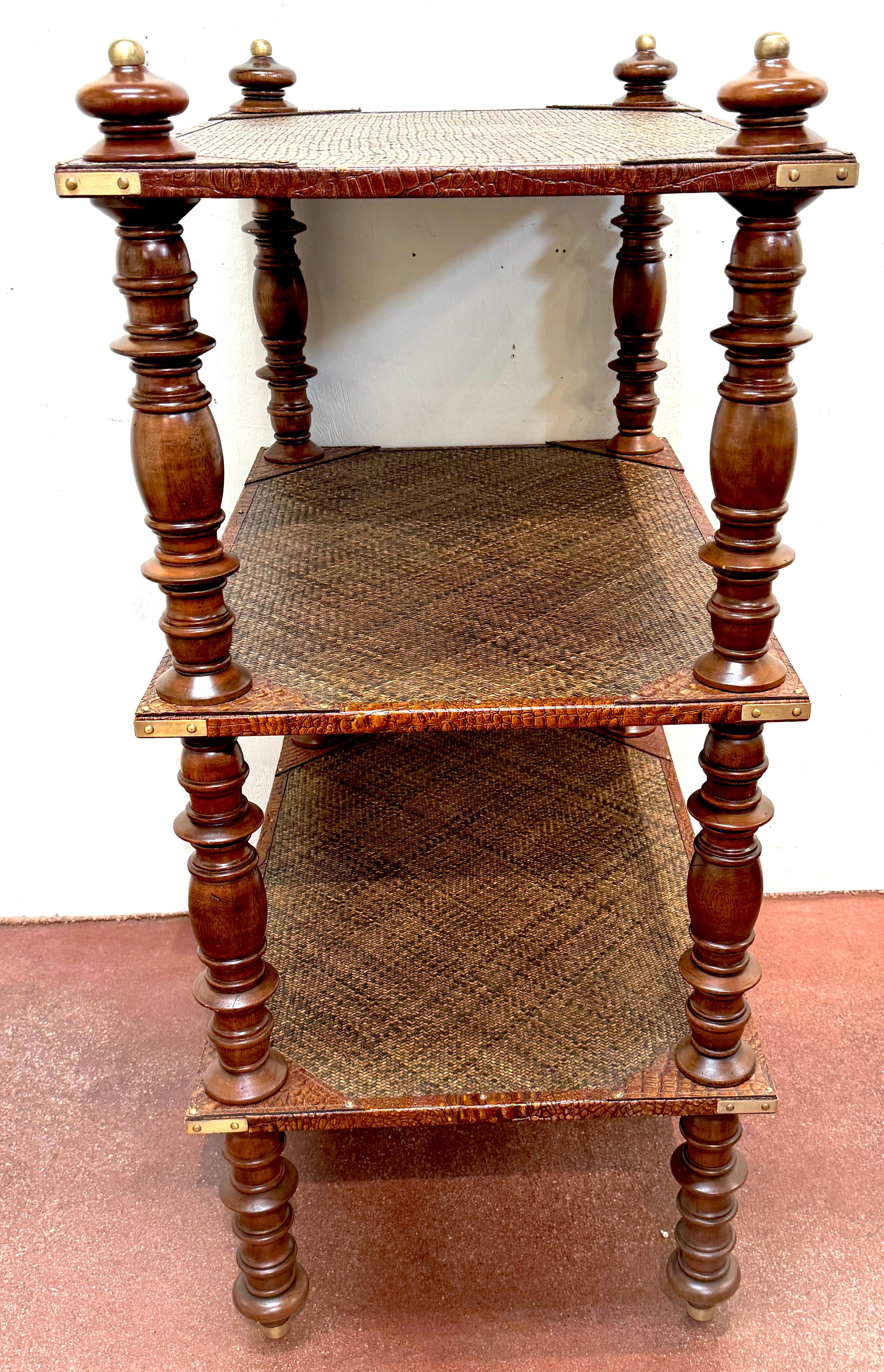 Three-Tier Anglo-Indian Leather, Brass & Rattan Étagère/ Shelf For Sale 1