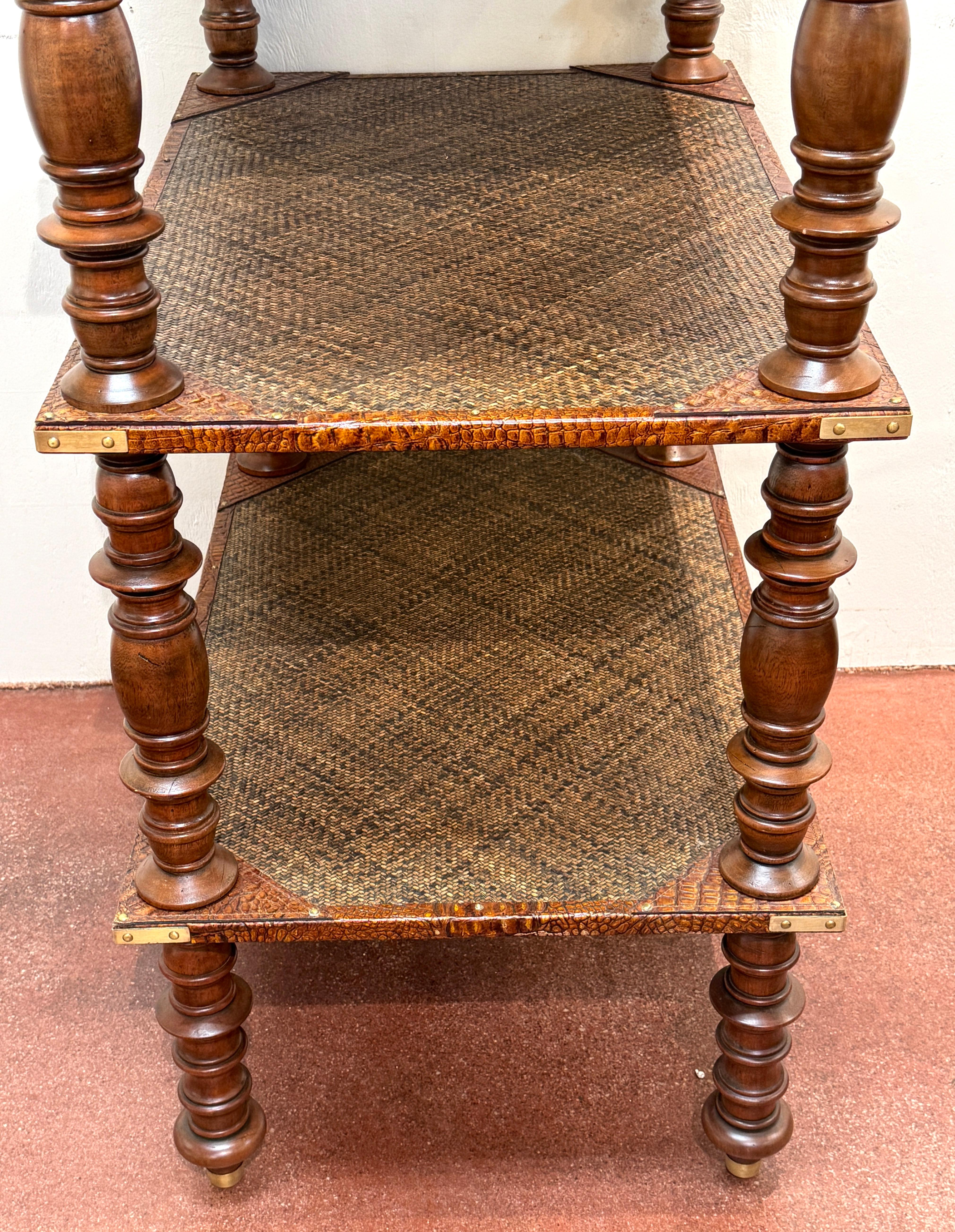 Three-Tier Anglo-Indian Leather, Brass & Rattan Étagère/ Shelf For Sale 2