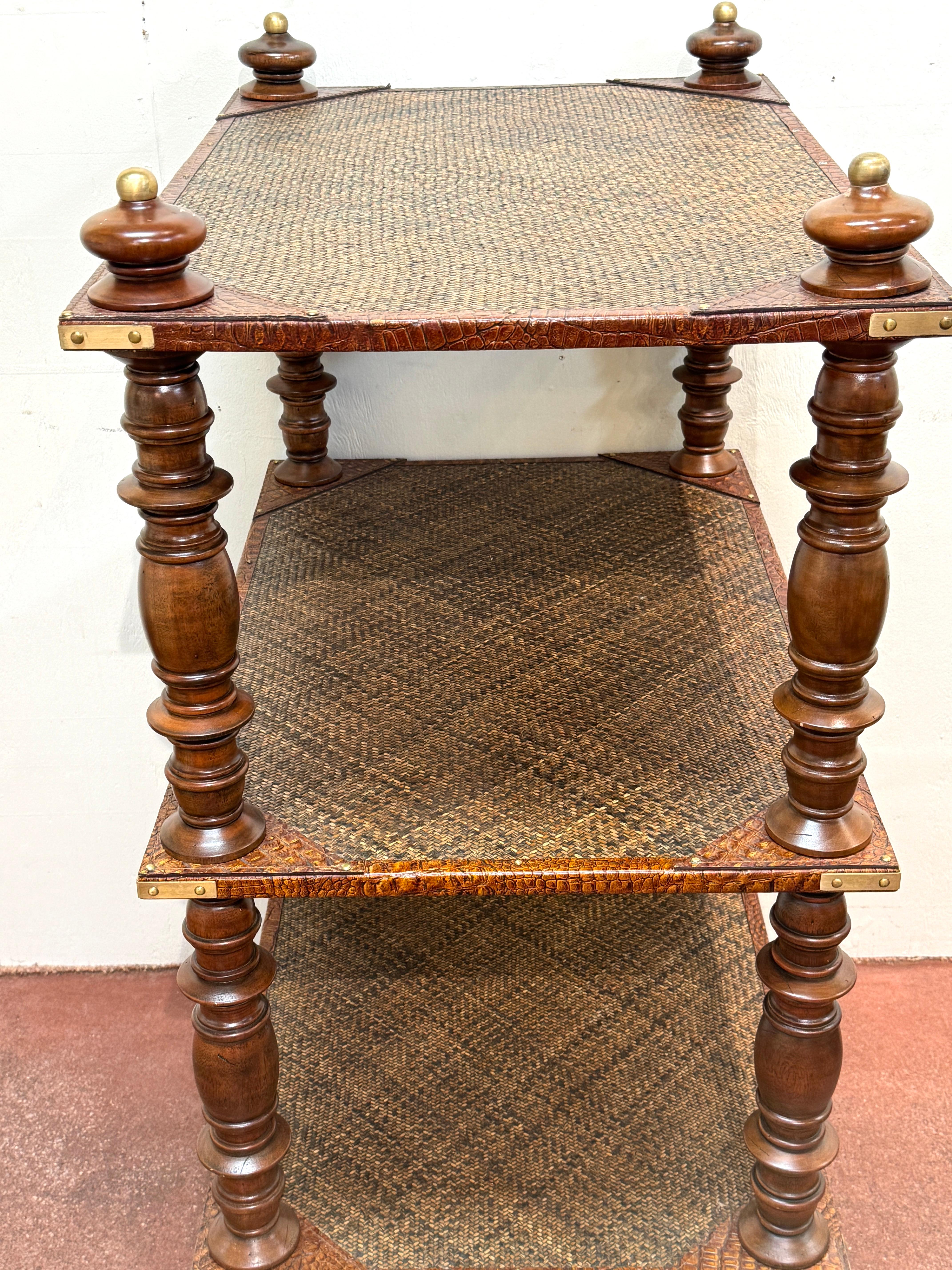 Three-Tier Anglo-Indian Leather, Brass & Rattan Étagère/ Shelf For Sale 3