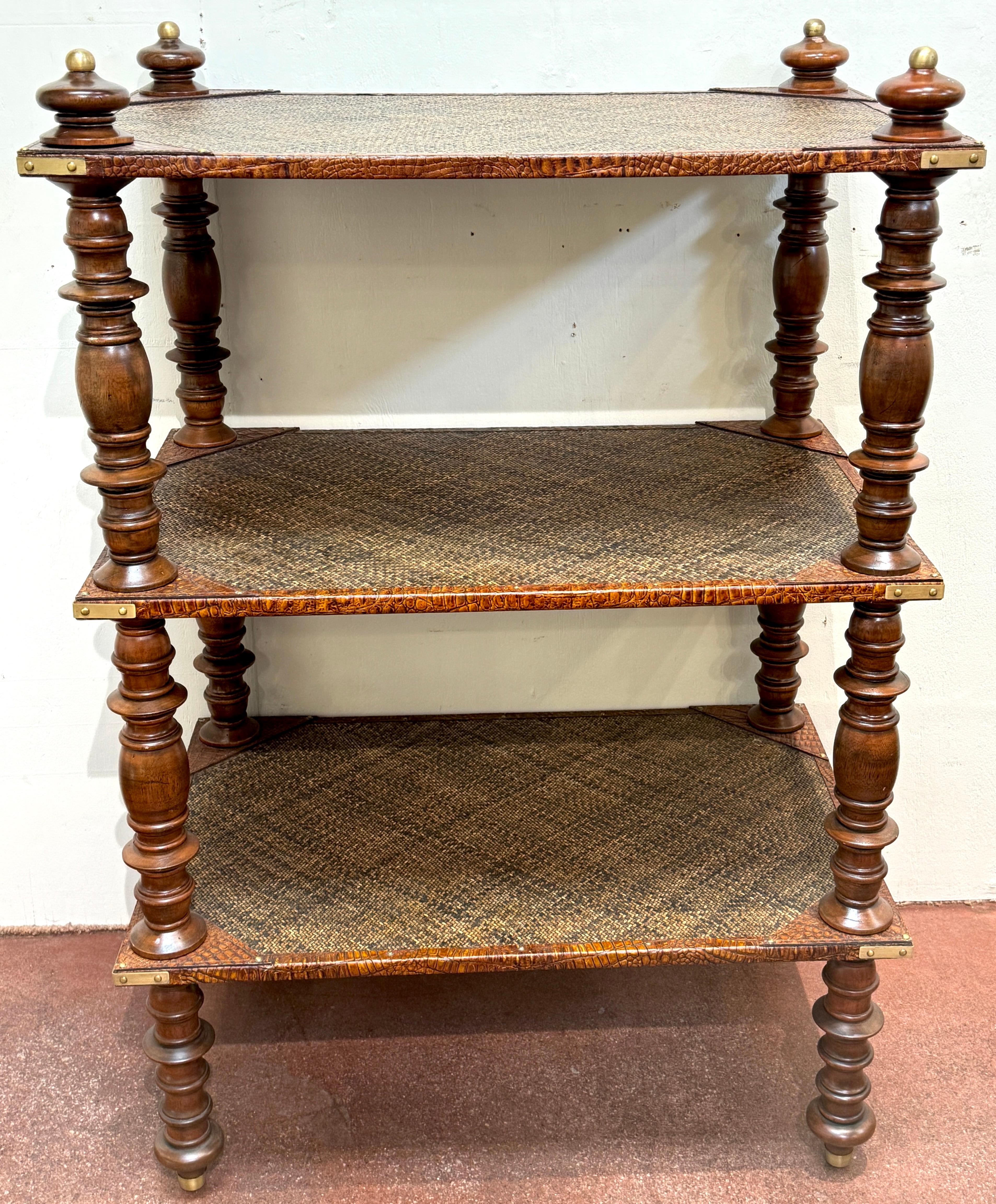 Three-Tier Anglo-Indian Leather, Brass & Rattan Étagère/ Shelf For Sale 4